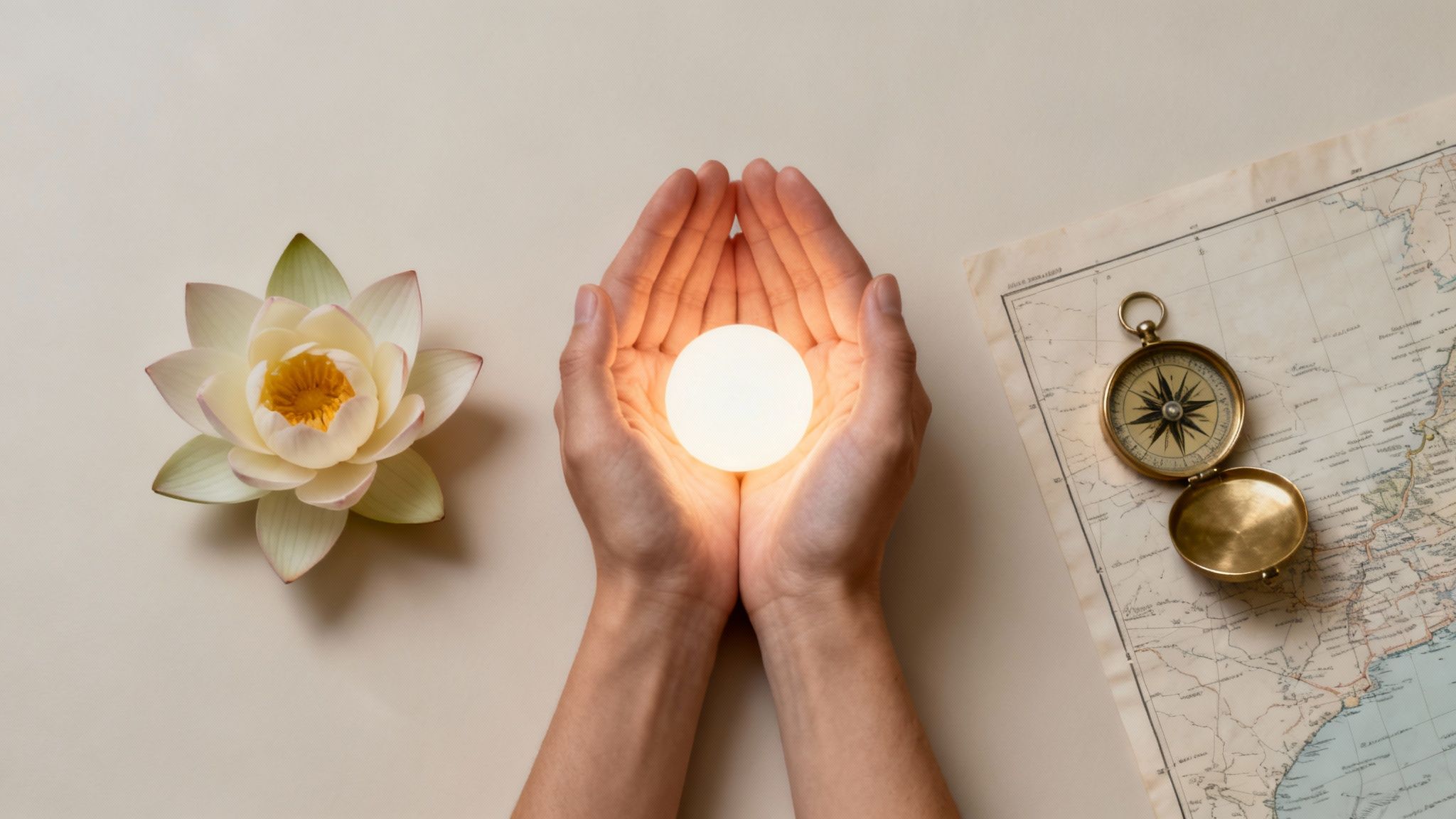 Hands holding a glowing orb, beside a white lotus flower and an old map with a compass.