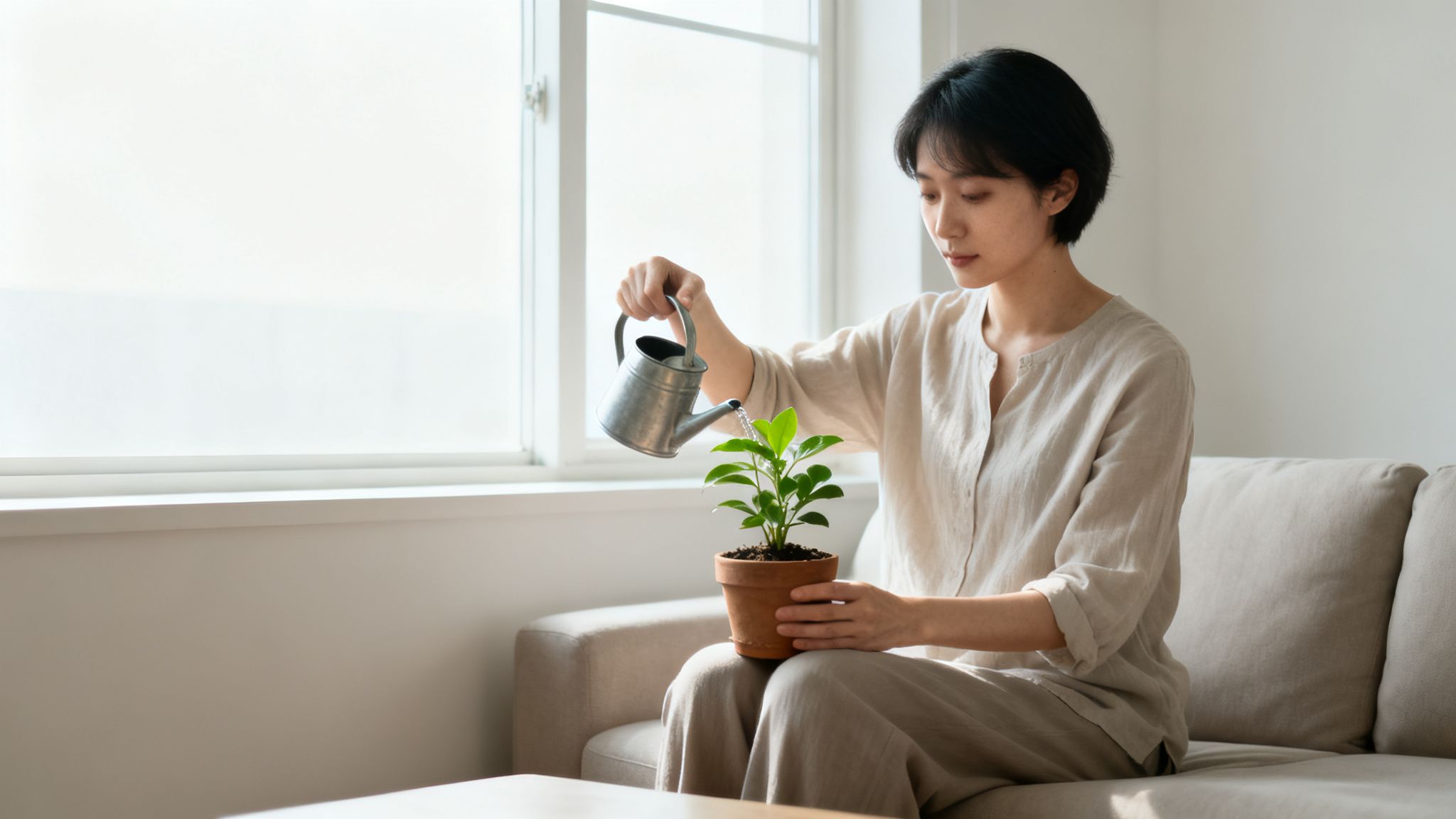 A young Asian woman waters a small potted plant on a sofa in a bright room.