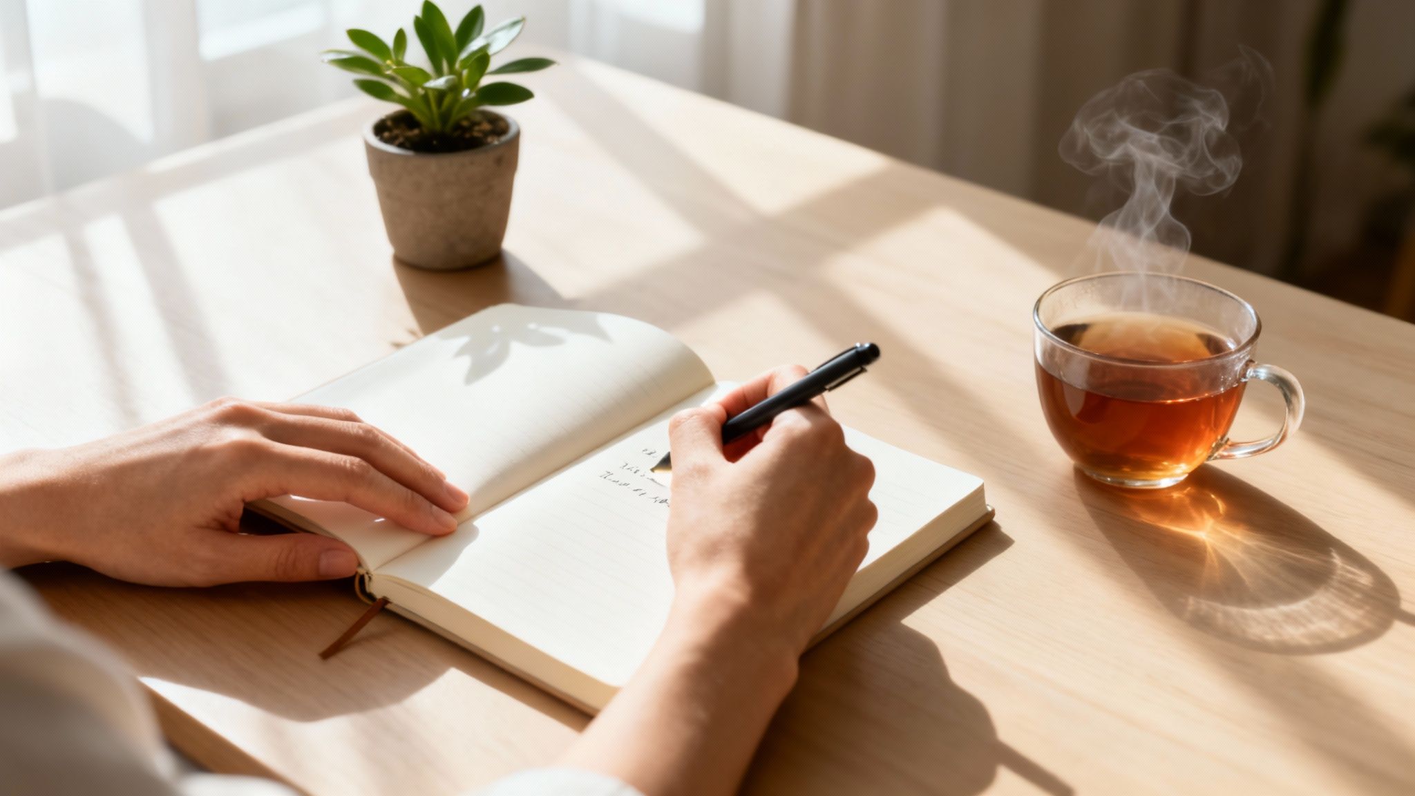 Person writing in a notebook with a pen, beside a steaming cup of tea on a wooden desk.