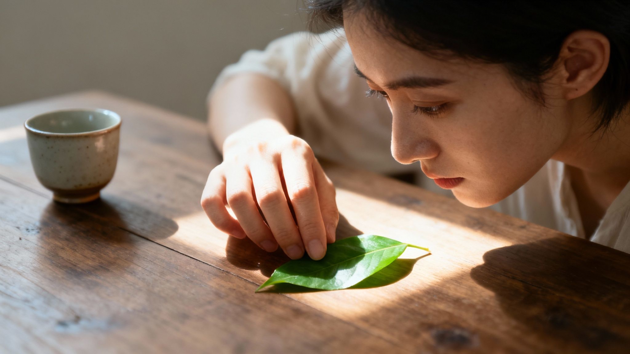 A young woman gently examines a green leaf on a wooden table next to a small teacup.