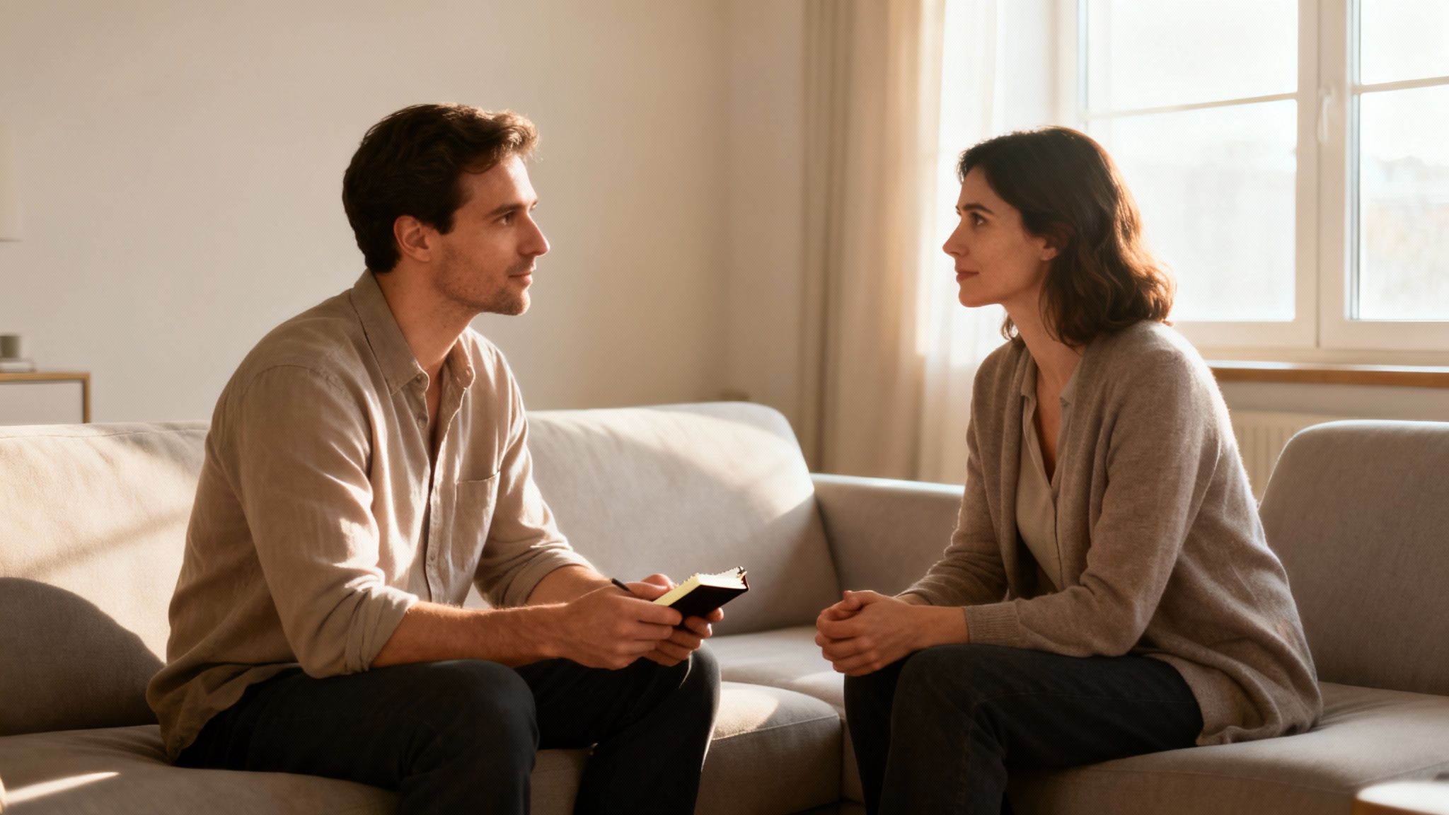 Two people, possibly a therapist and client, sitting on couches, engaged in a conversation.