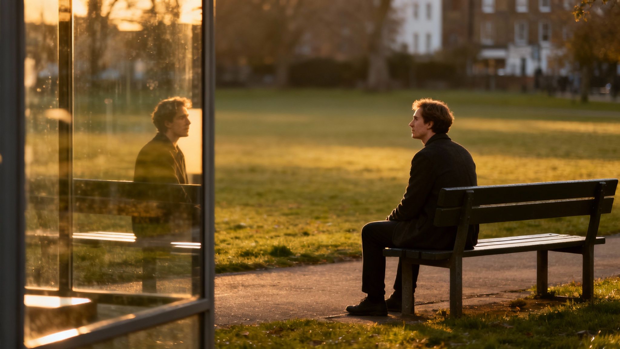 A pensive man sits on a park bench, bathed in warm sunset light, with his reflection visible.