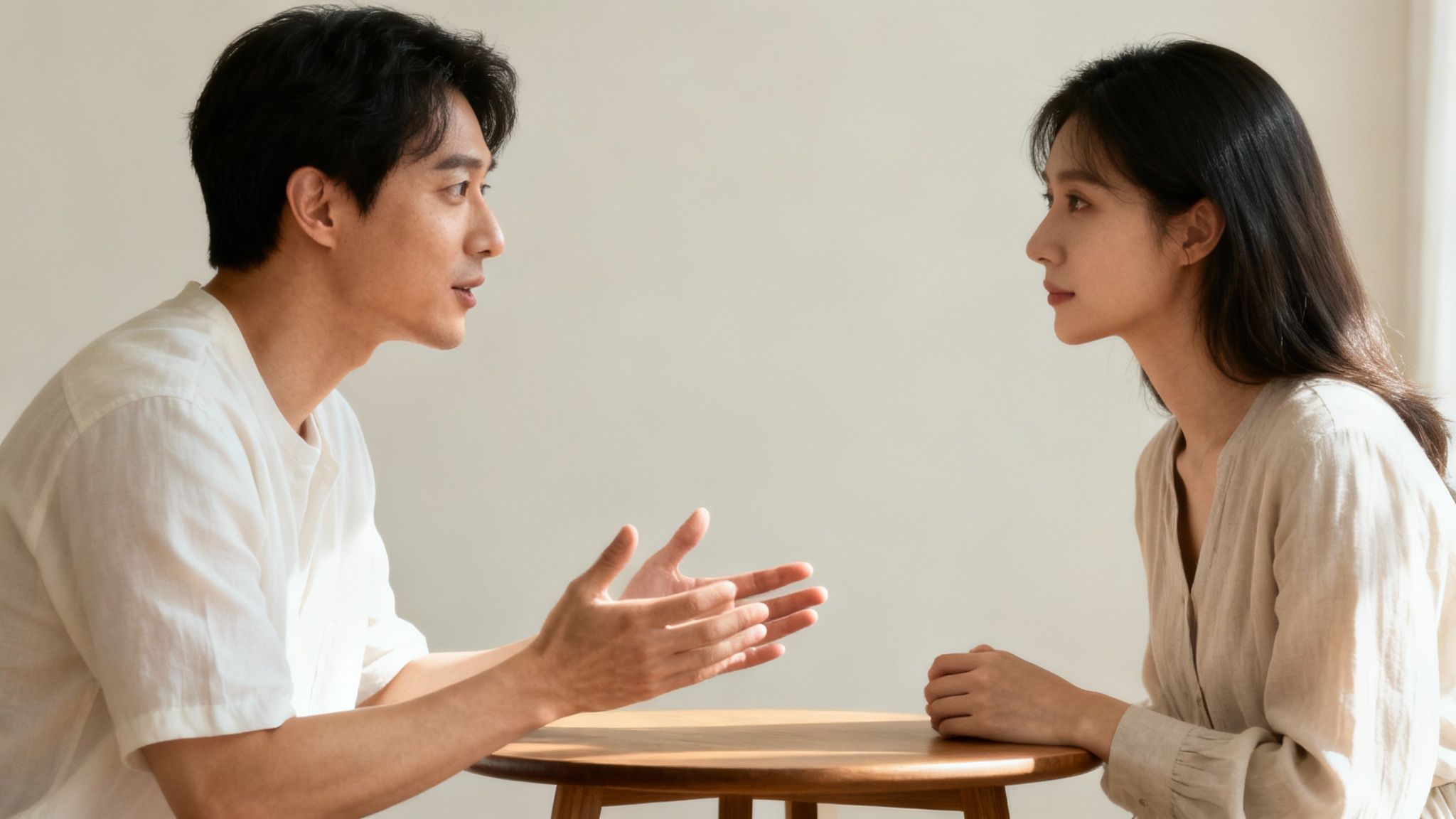 A man and a woman sitting at a table, having a serious conversation and gesturing.