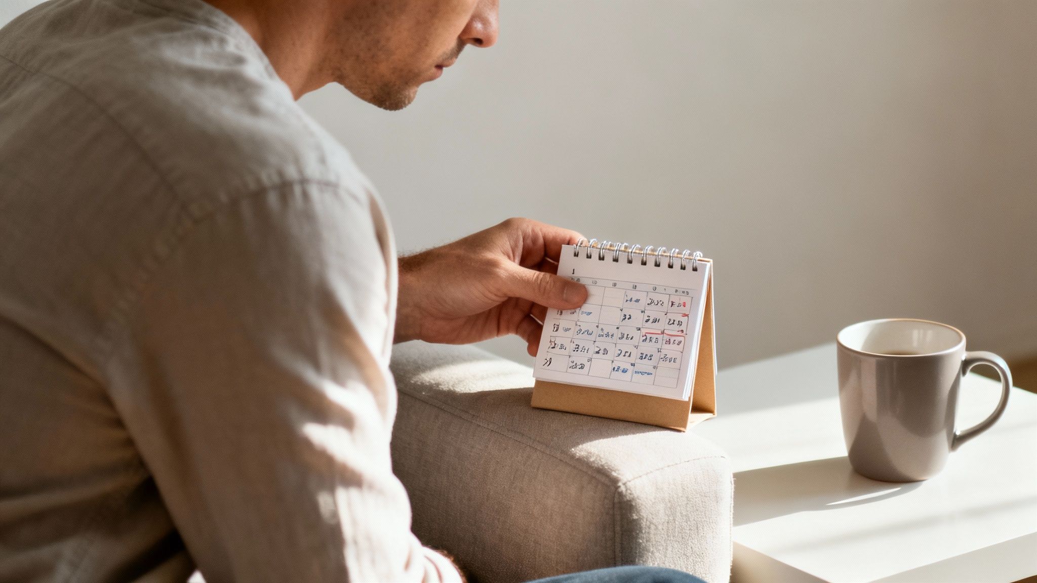 Man reviewing calendar schedule on desk with coffee mug planning daily commitments