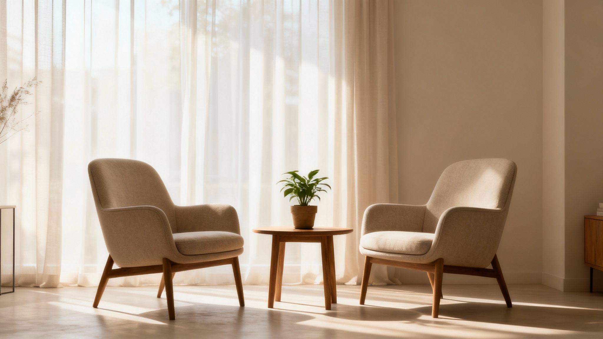 A cozy room with two armchairs and a small plant, bathed in natural light.