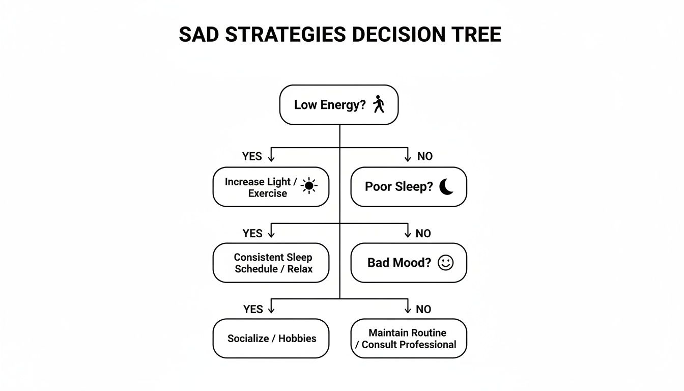 Decision tree for SAD strategies, guiding actions based on low energy, poor sleep, or bad mood.