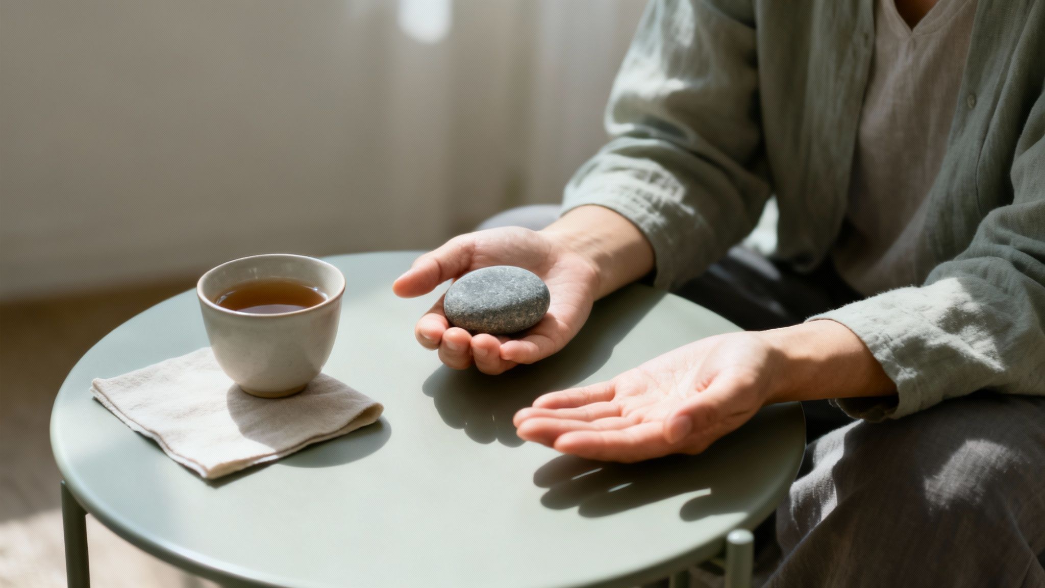 A person sitting calmly outdoors, focused on a grounding object in their hands, embodying a sense of peace.