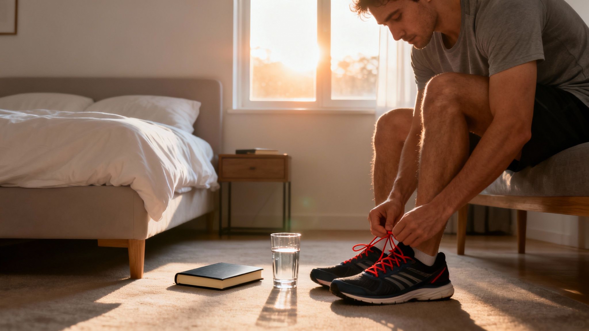Man tying red-laced running shoes in a sunlit bedroom with a bed and water glass.