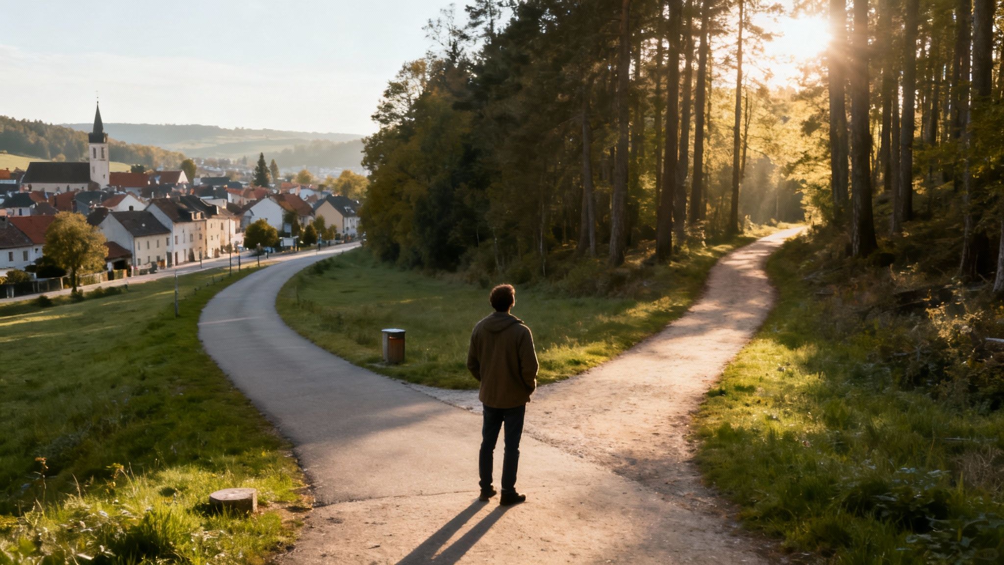 A man stands at a fork in the road, deciding between a town and a sunlit forest path.