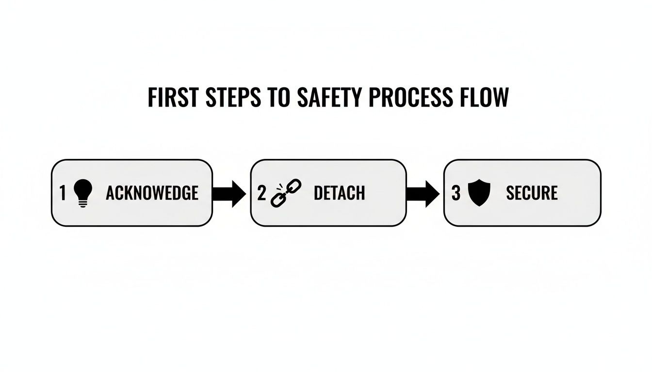 A three-step safety process flow diagram: 1. Acknowledge (lightbulb), 2. Detach (broken chain), 3. Secure (shield).