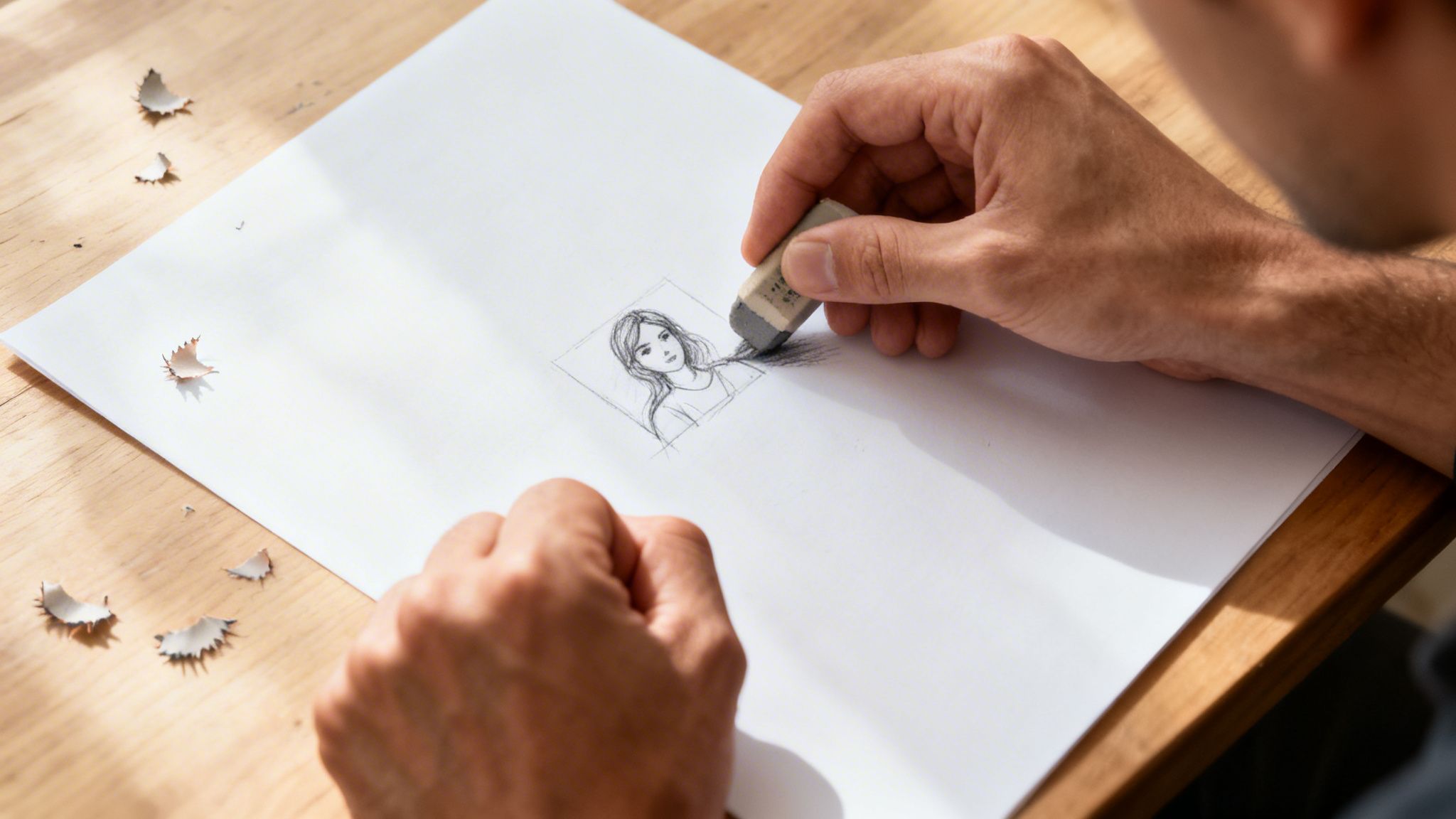 Overhead shot of a person erasing a pencil sketch of a girl on a white paper.