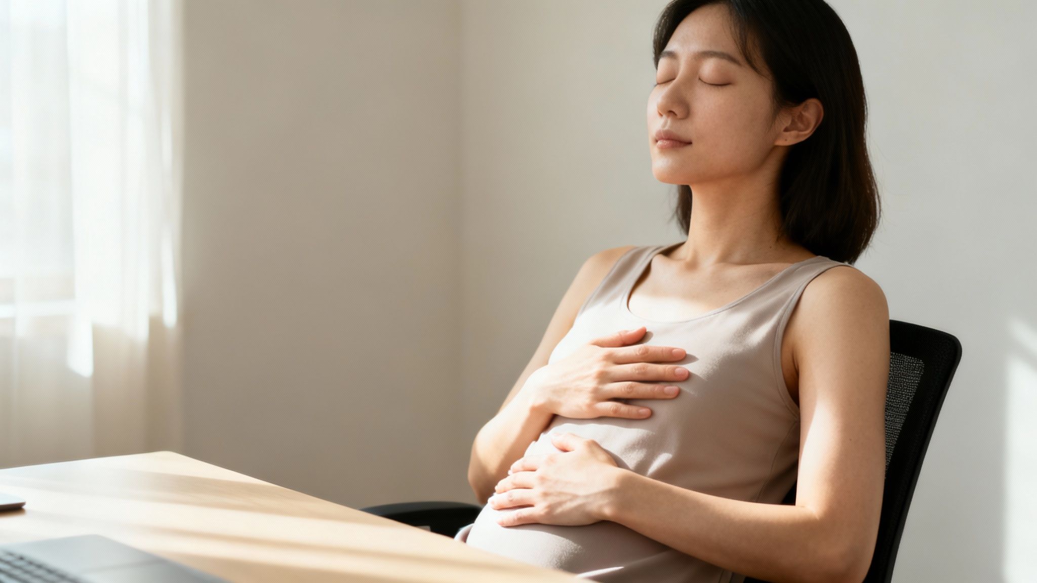 A serene pregnant woman with closed eyes, hands on her belly, meditating by a sunlit window.