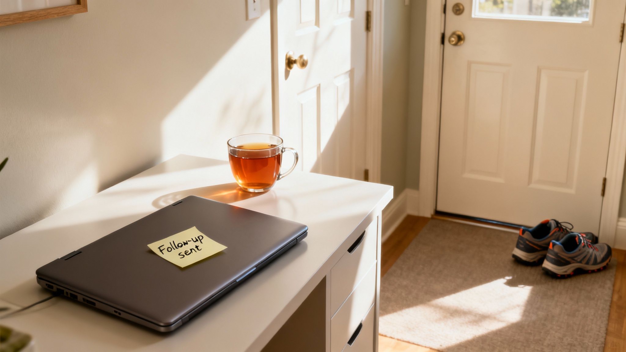 Home office desk with laptop, sticky note reminder, tea cup near entrance door