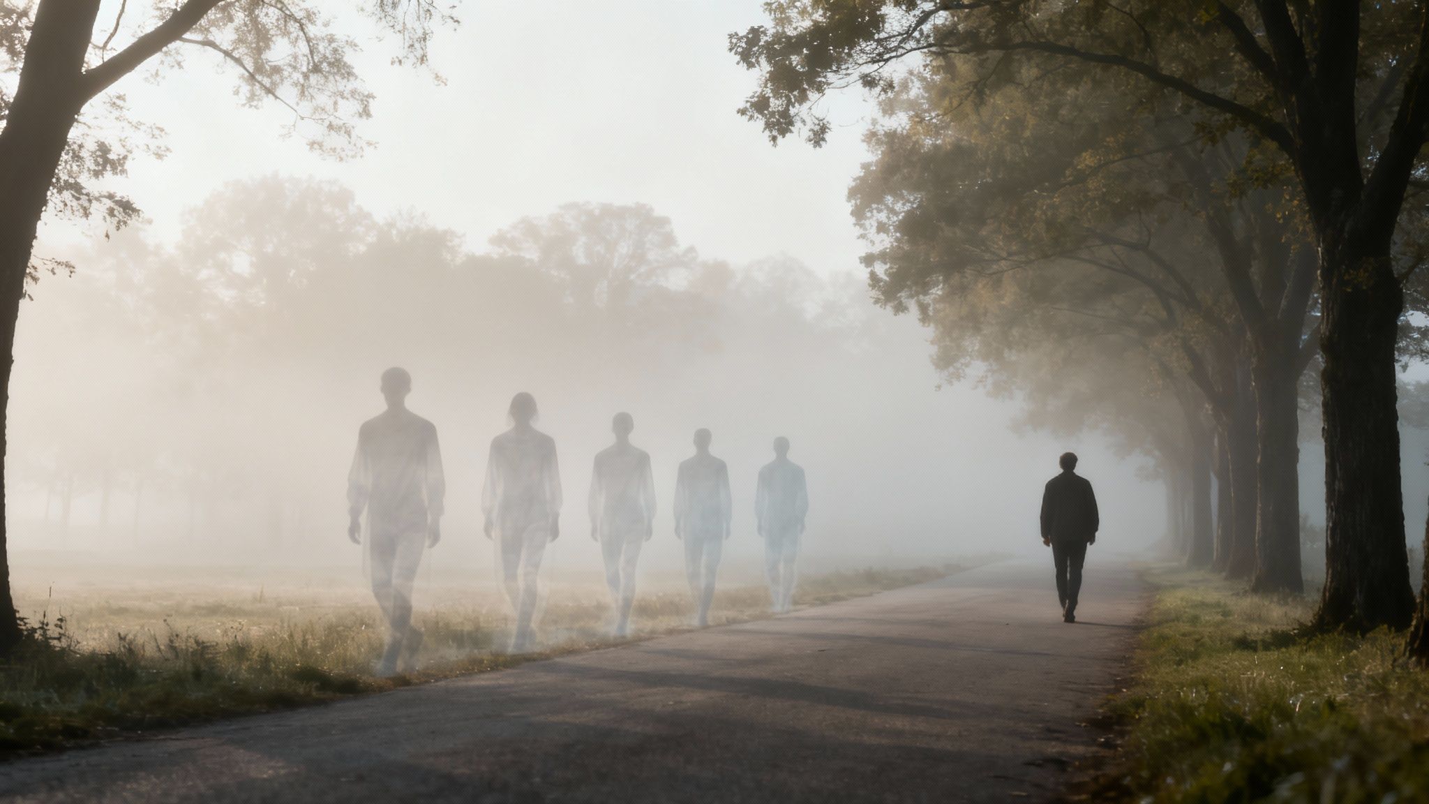 A solitary person walks on a misty road, accompanied by translucent figures in the fog.