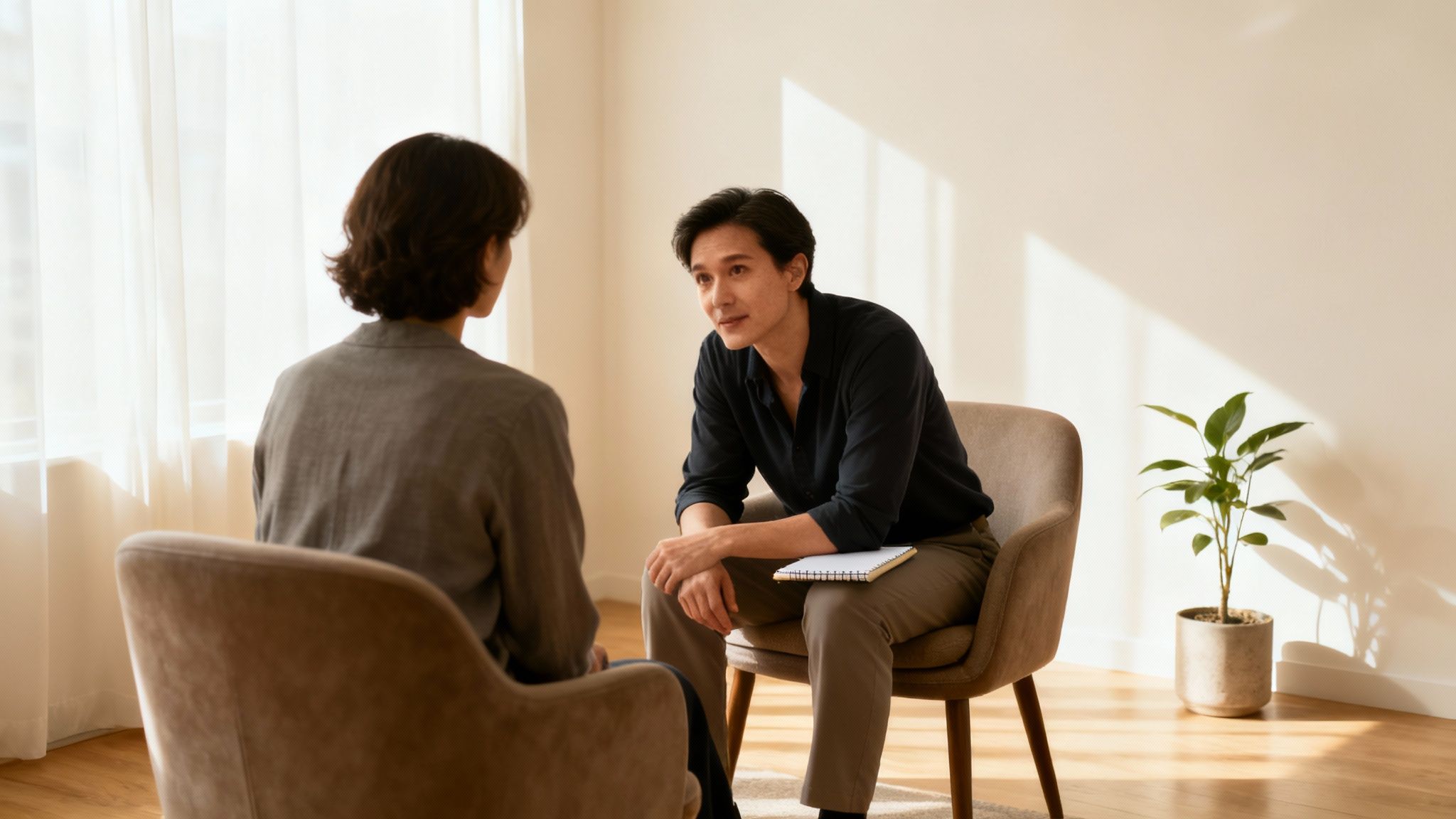 A comfortable and calm therapy room setting.