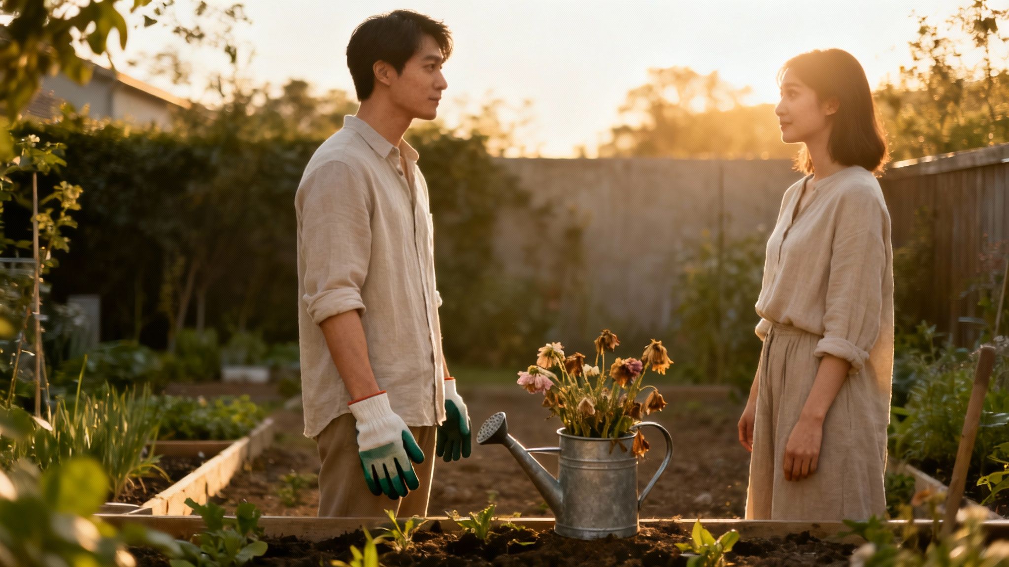 A man and woman in a garden at sunset, looking away from each other, with withered flowers.