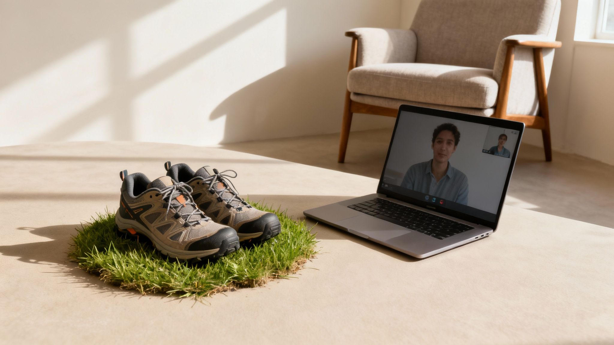 Hiking boots on grass next to a laptop displaying a video call in a sunlit room.