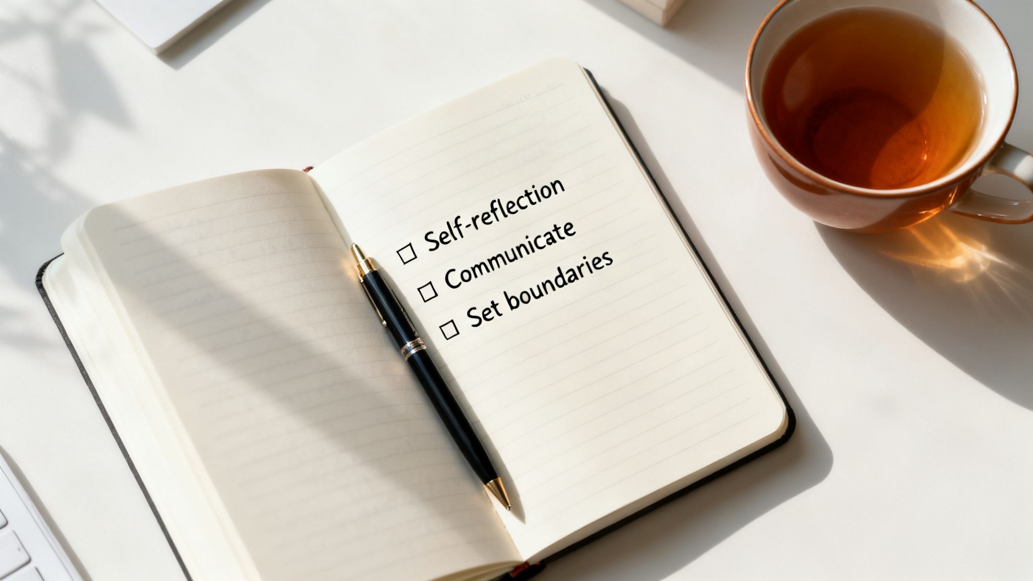 A white desk with an open notebook listing self-reflection, communication, and boundaries, a pen, and tea.