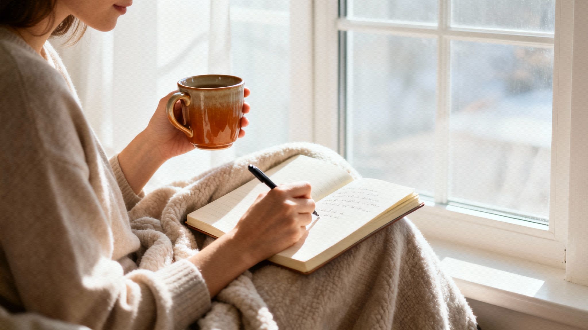 A person cozily writing in a journal and holding a mug by a sunny window, wrapped in a blanket.