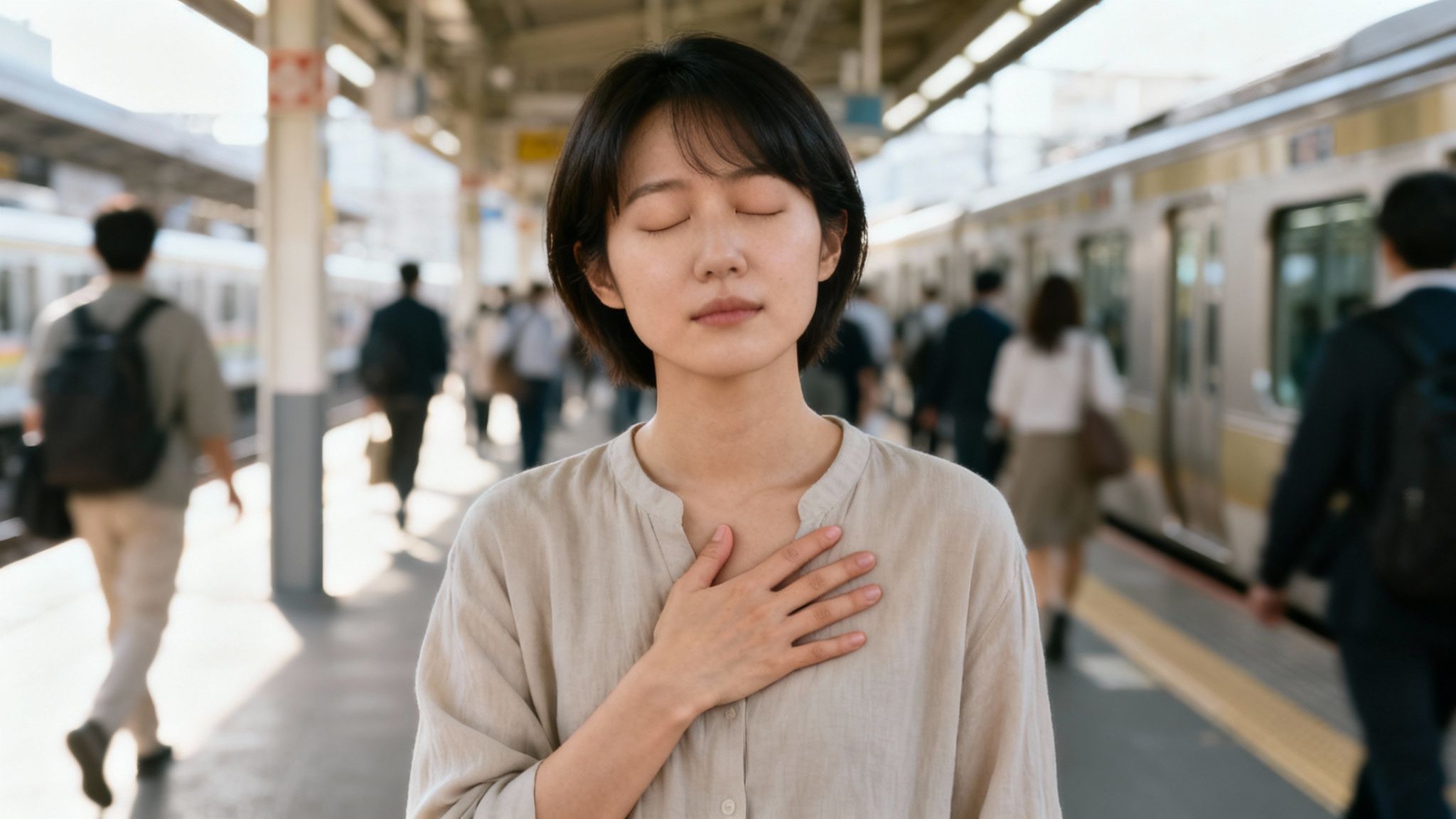 Asian woman closes eyes, hand on chest, practicing mindfulness at a train station.