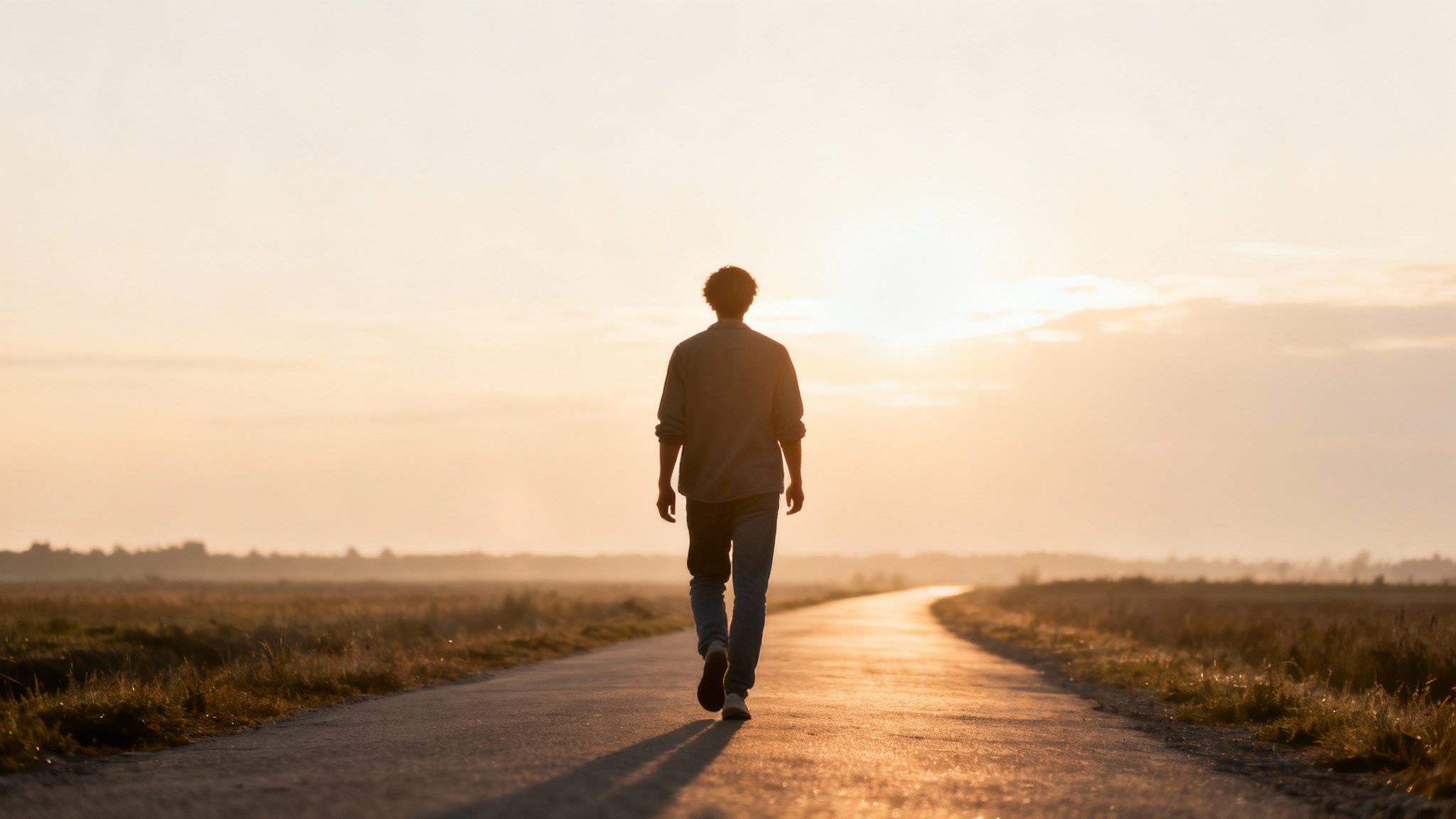 A solitary person walks away on a sunlit road through fields towards the glowing sunset.