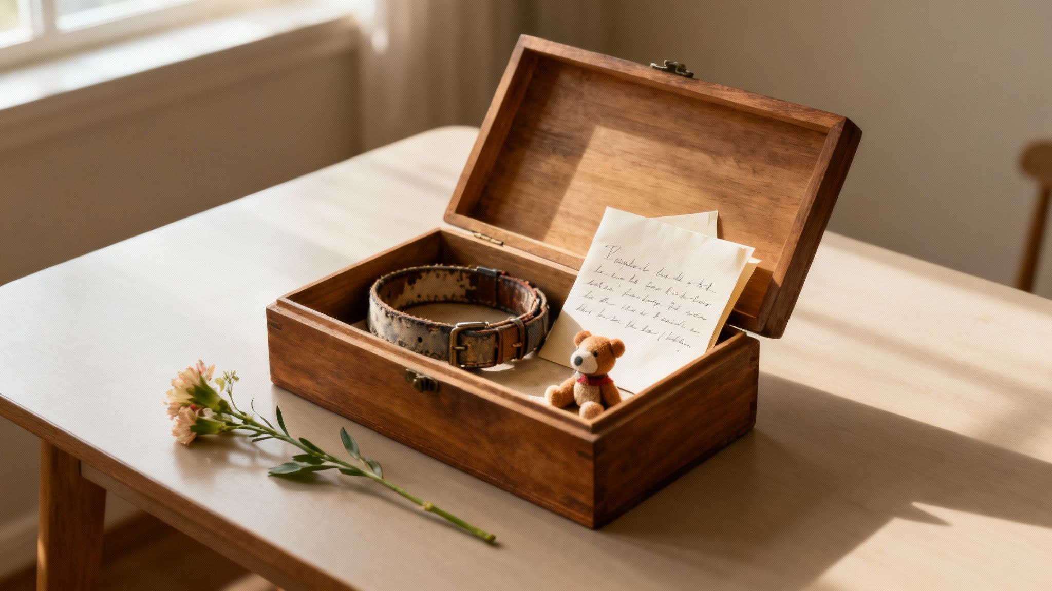 An open wooden box holds a worn pet collar, a small teddy bear, and a handwritten note, symbolizing pet loss memories.