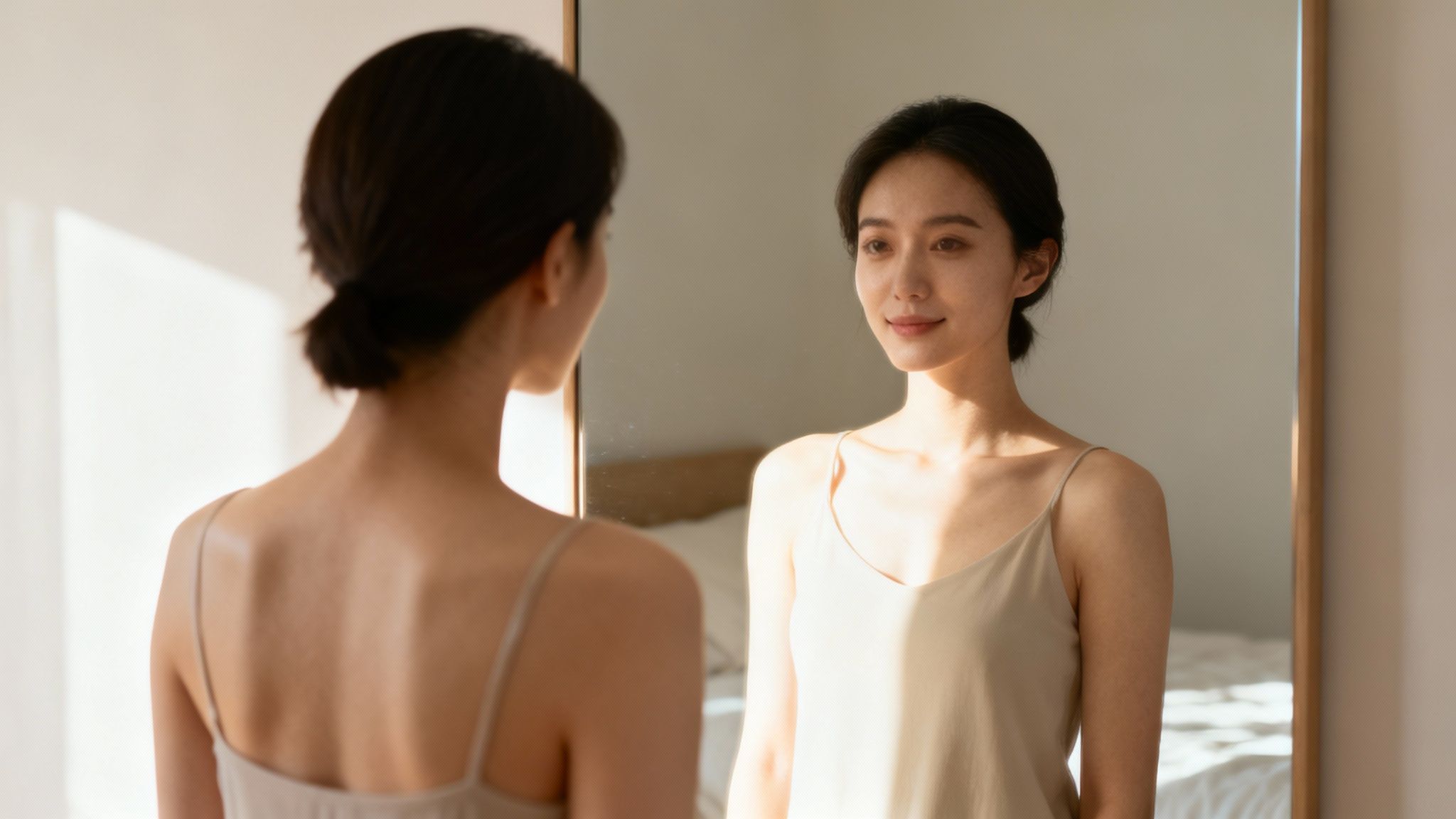 Woman looking at herself in mirror with calm expression practicing self-reflection and mindfulness