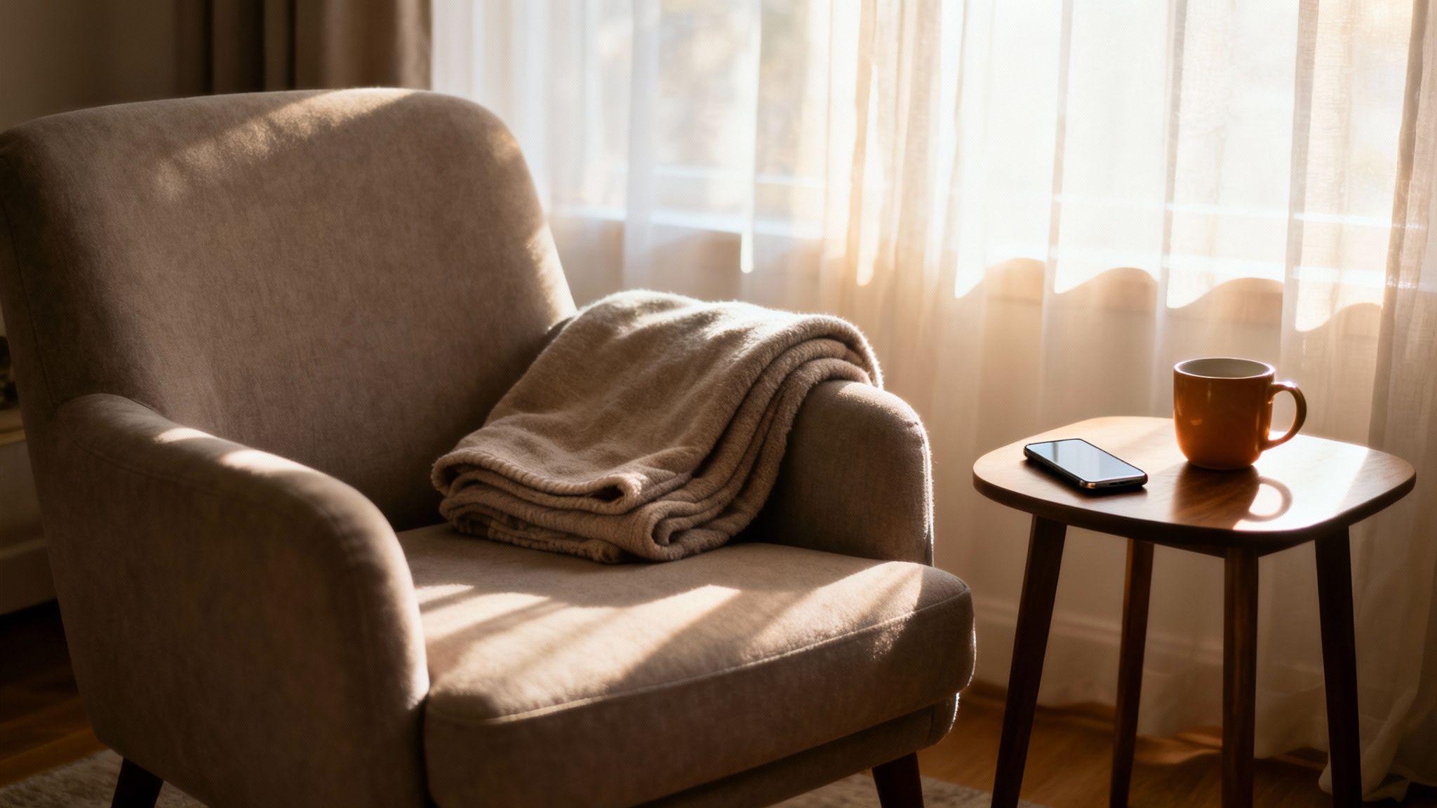 Warm sunlight fills a room with a comfortable armchair, blanket, side table, mug, and phone.
