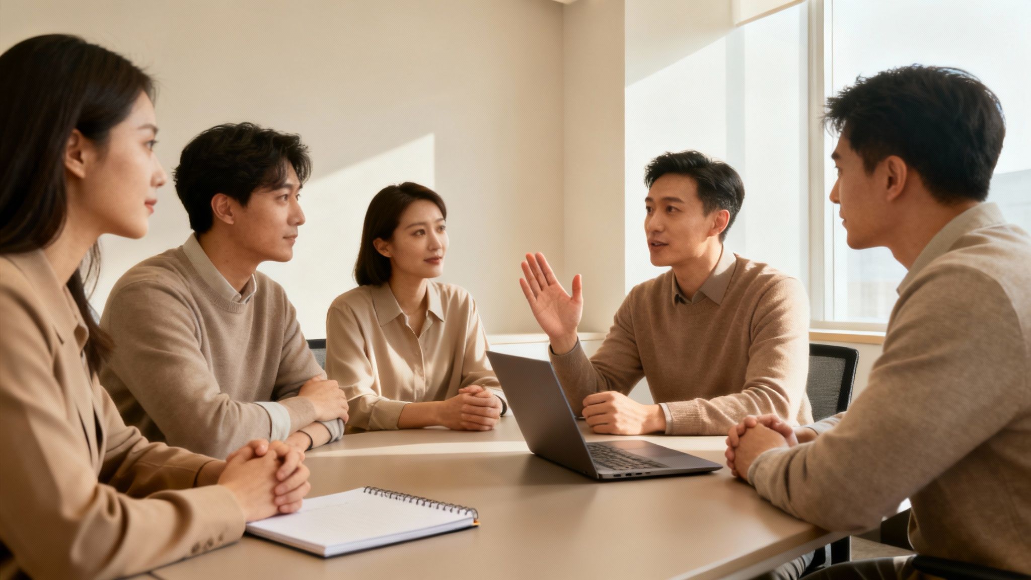 Five Asian professionals engaged in a lively discussion around a table in a bright office.