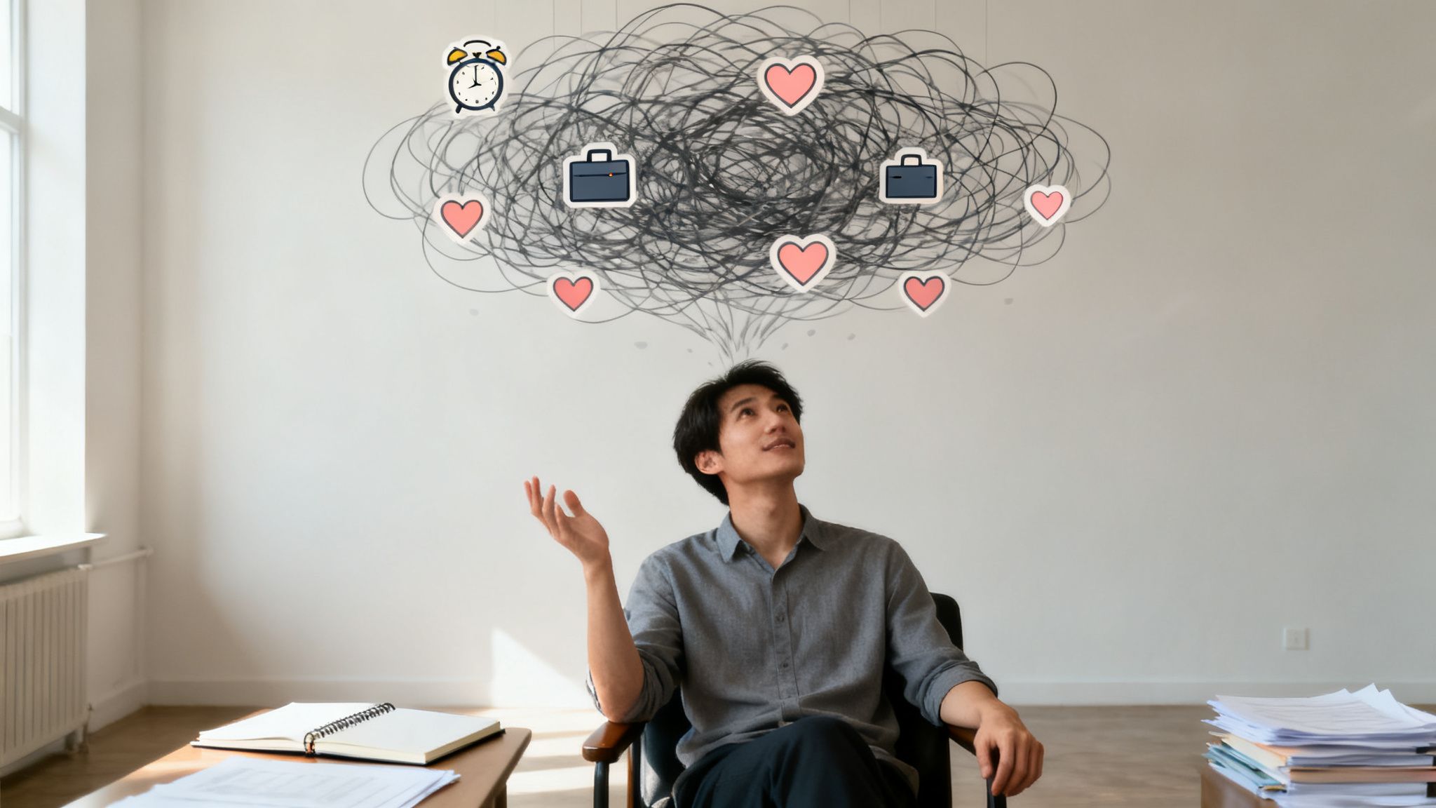 A man sits looking up at a tangled thought cloud with icons of work, time, and love.
