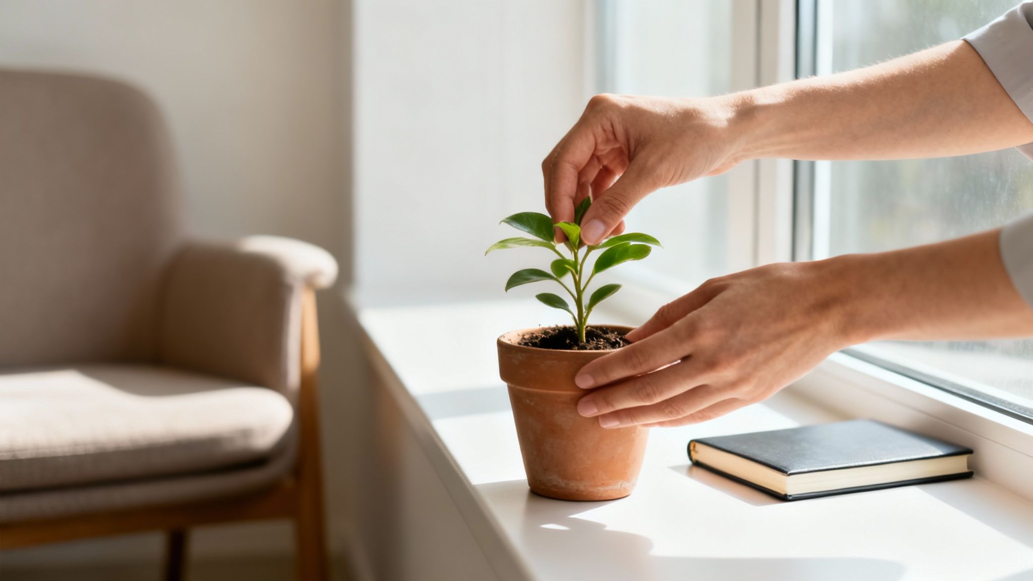 Hands gently tending to a small green plant in a terracotta pot on a sunny windowsill, with a notebook nearby.