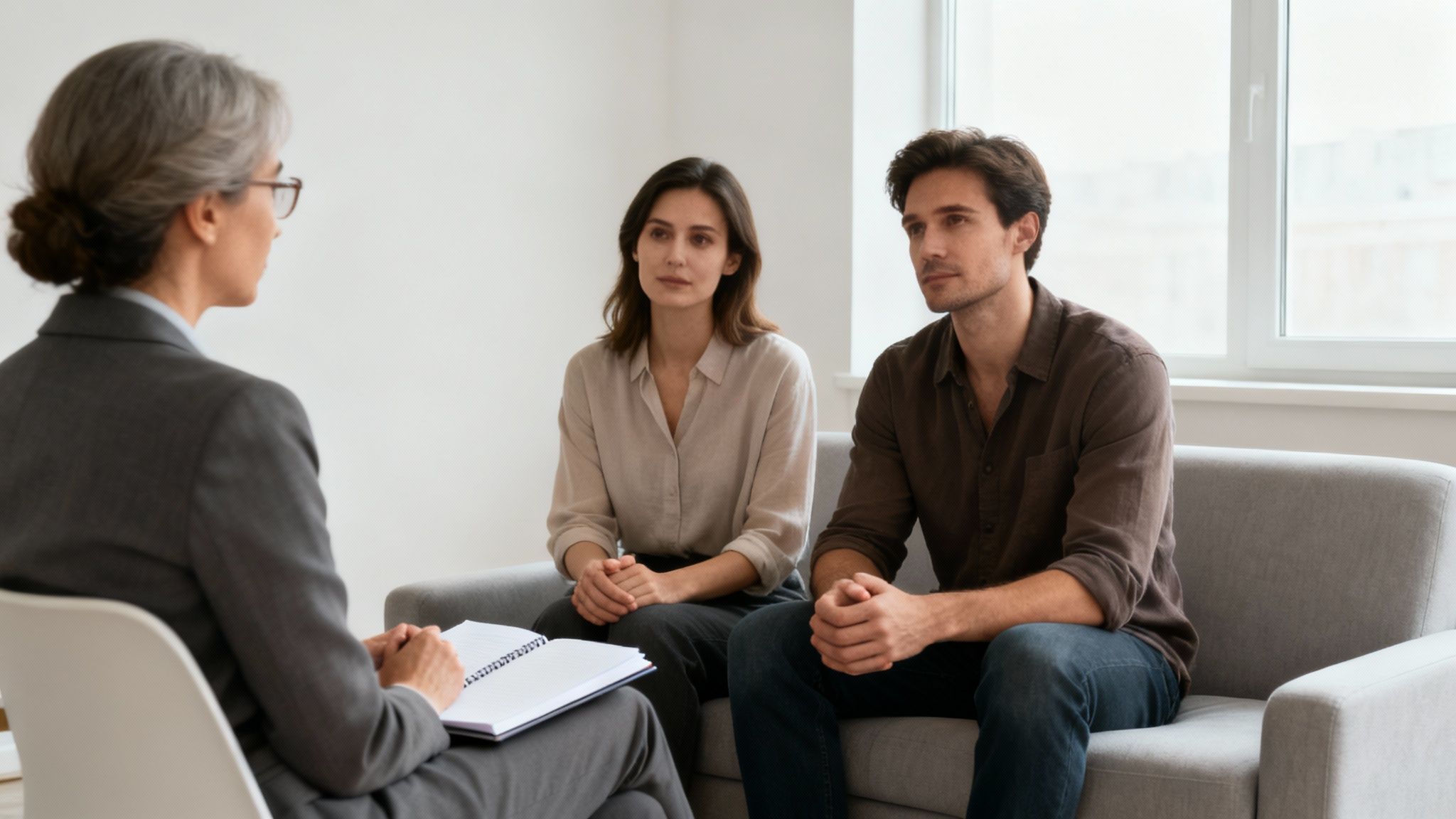A couple receives relationship counseling from a professional therapist in a bright room.