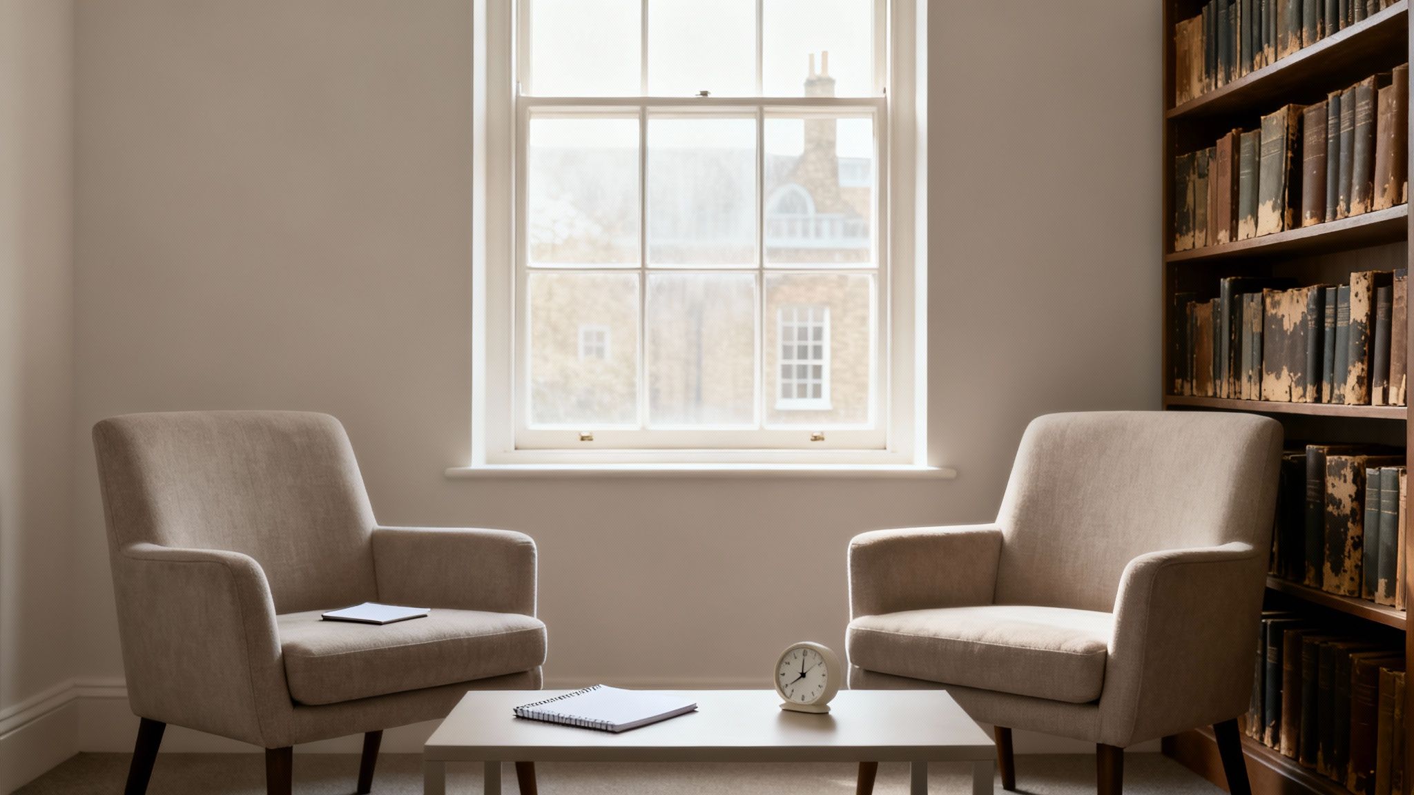 A peaceful counseling room with two armchairs, a window, and a vintage bookshelf.