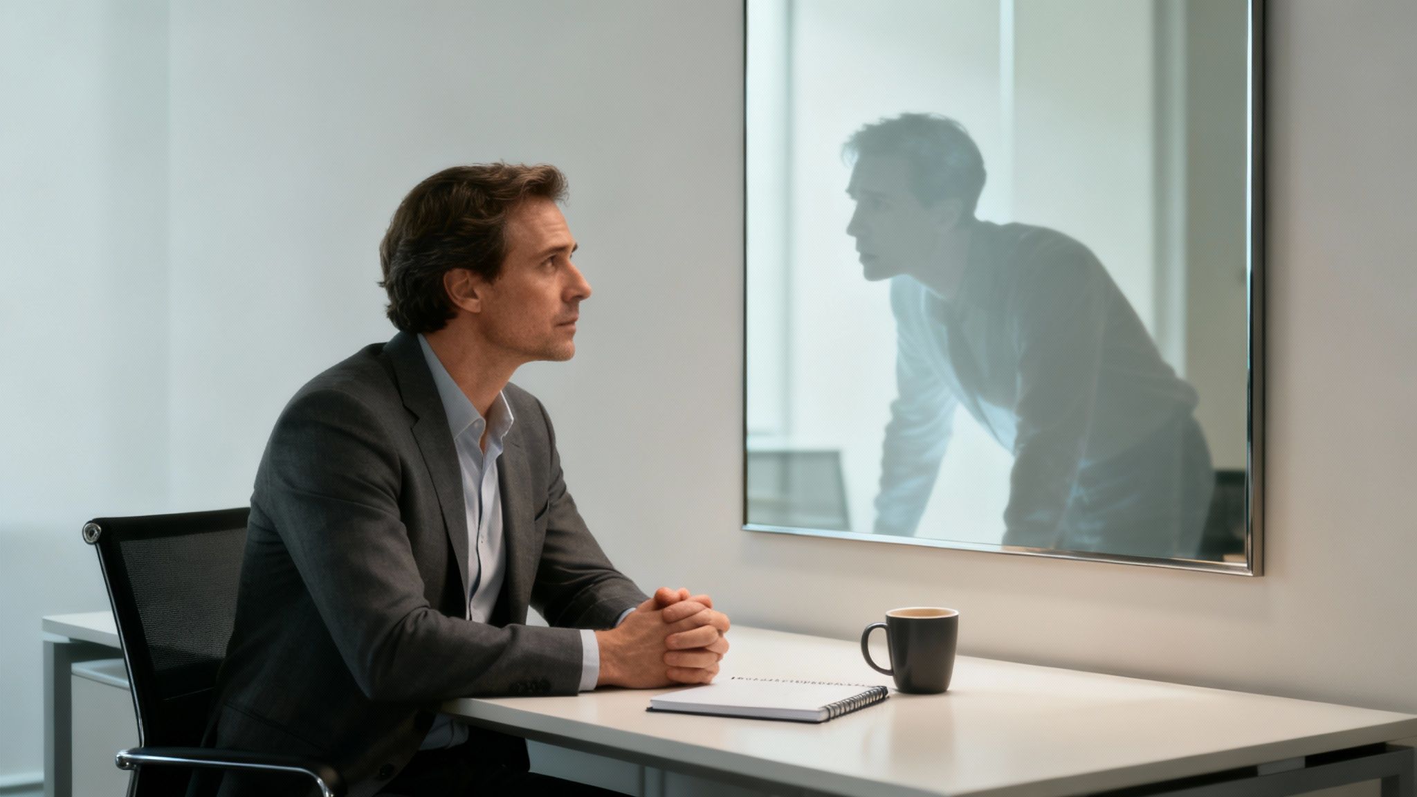 Man in suit looks at his reflection leaning forward, symbolizing introspection or imposter syndrome.