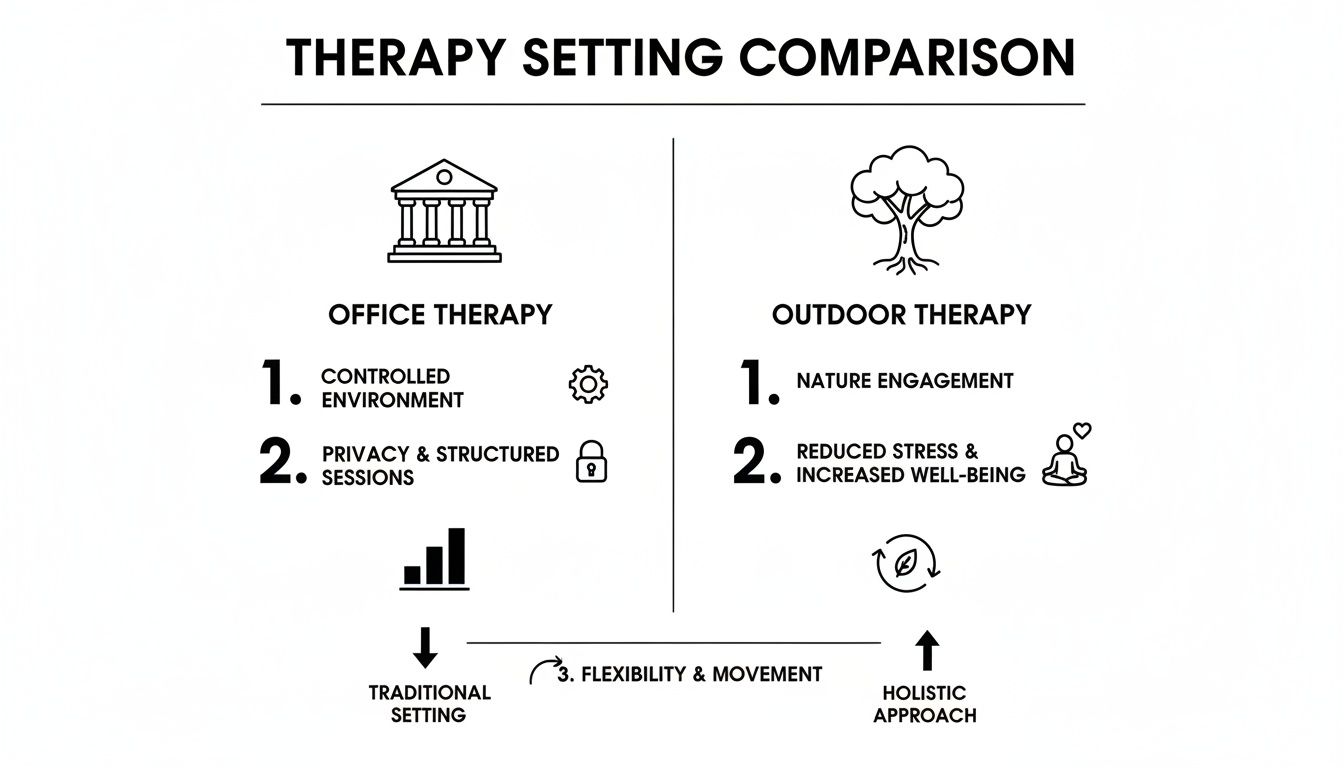 Infographic comparing office therapy and outdoor therapy, highlighting benefits and settings for each.