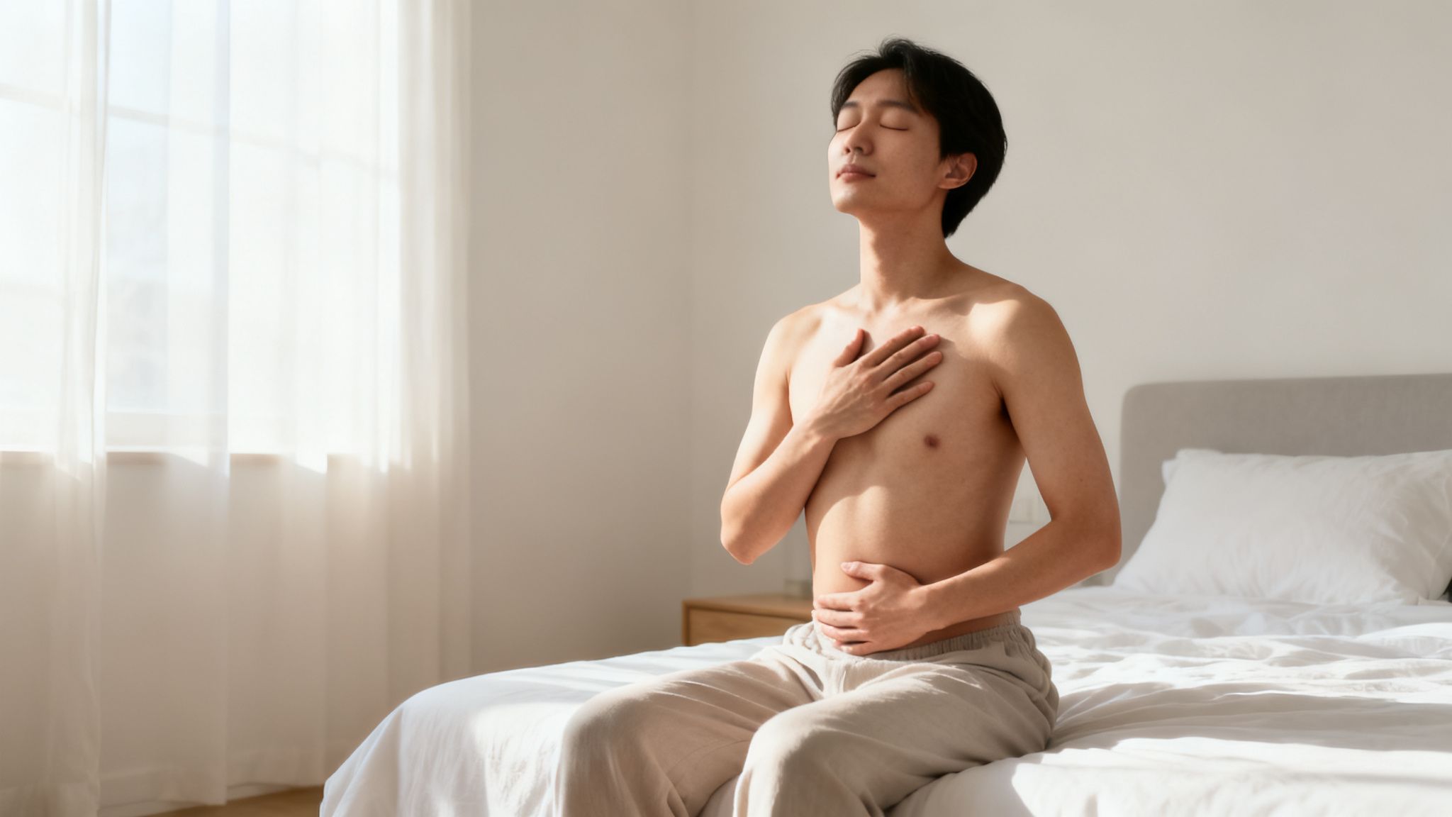 Peaceful man sitting on bed, eyes closed, hands on chest and stomach, doing breathing exercises.