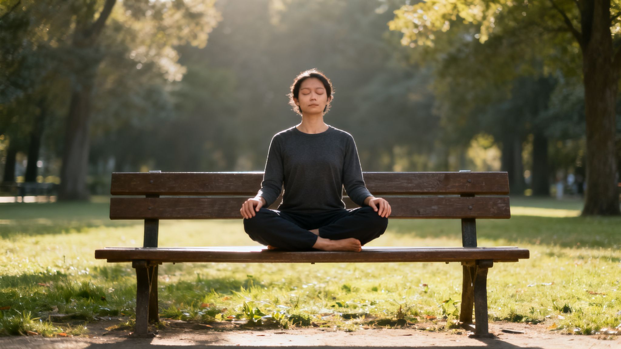 A person meditating cross-legged on a wooden park bench in soft sunlight.