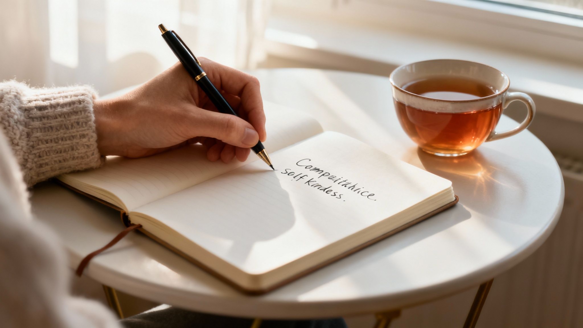 A person's hand writing 'Self Kindness' in a journal next to a cup of tea by a window.