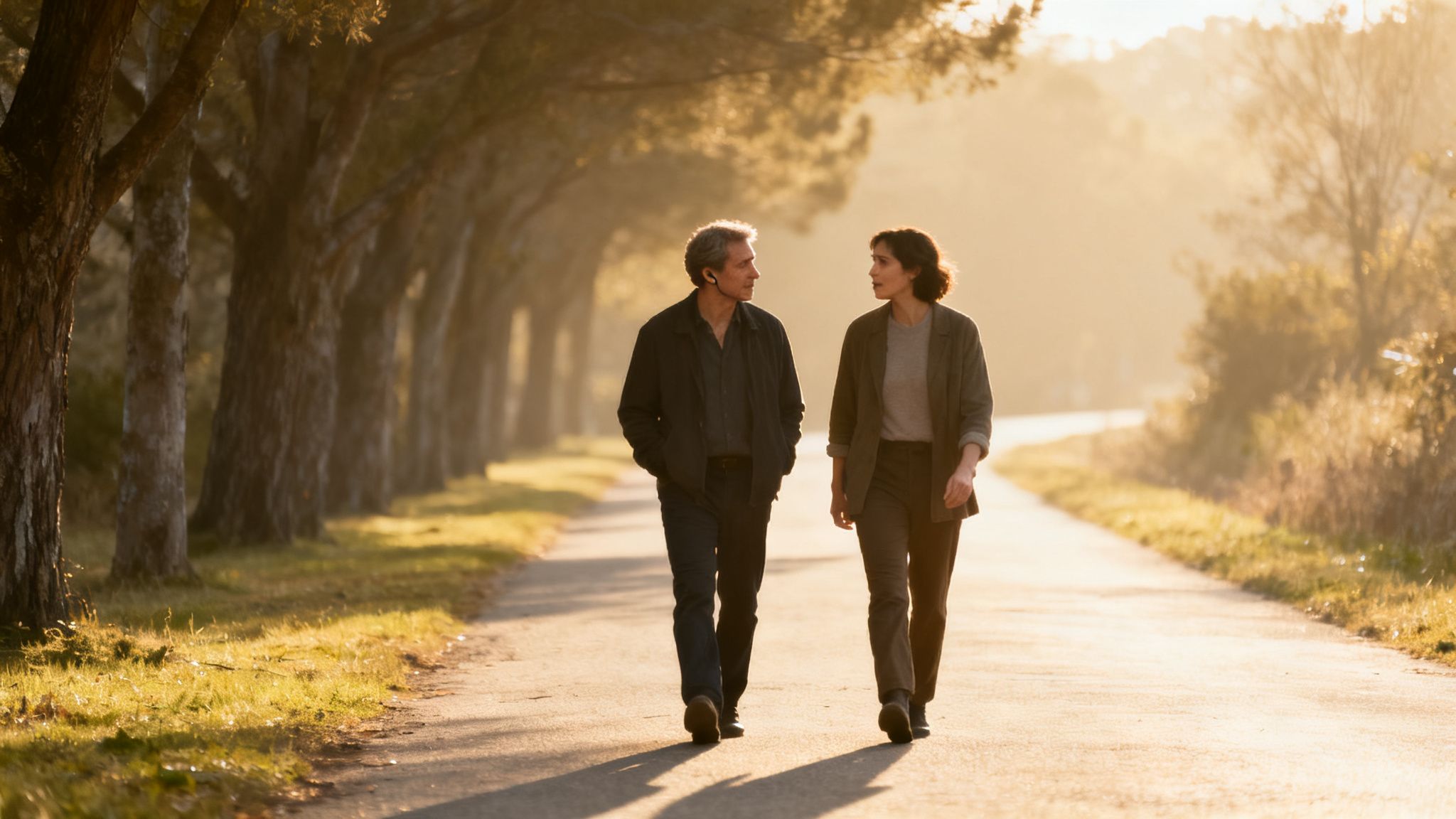 A man and a woman walk and talk on a sunlit path lined with trees, bathed in golden light.