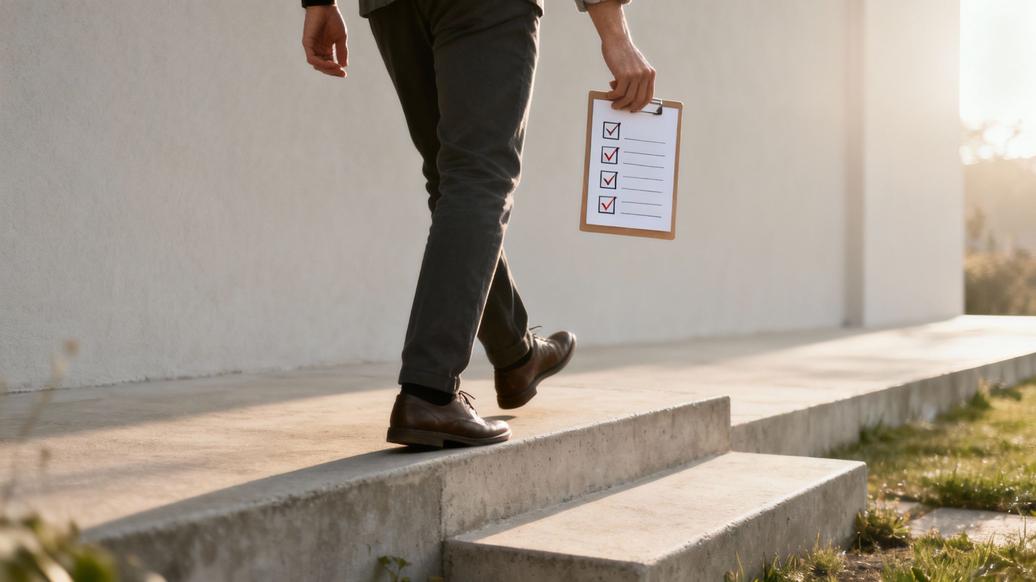 A person walks outdoors, holding a clipboard with a completed checklist of four items.