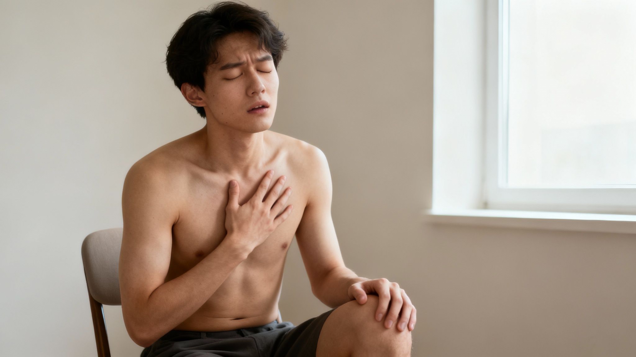 A person sitting on a bed with their head in their hands, looking distressed, conveying the feeling of a panic attack.