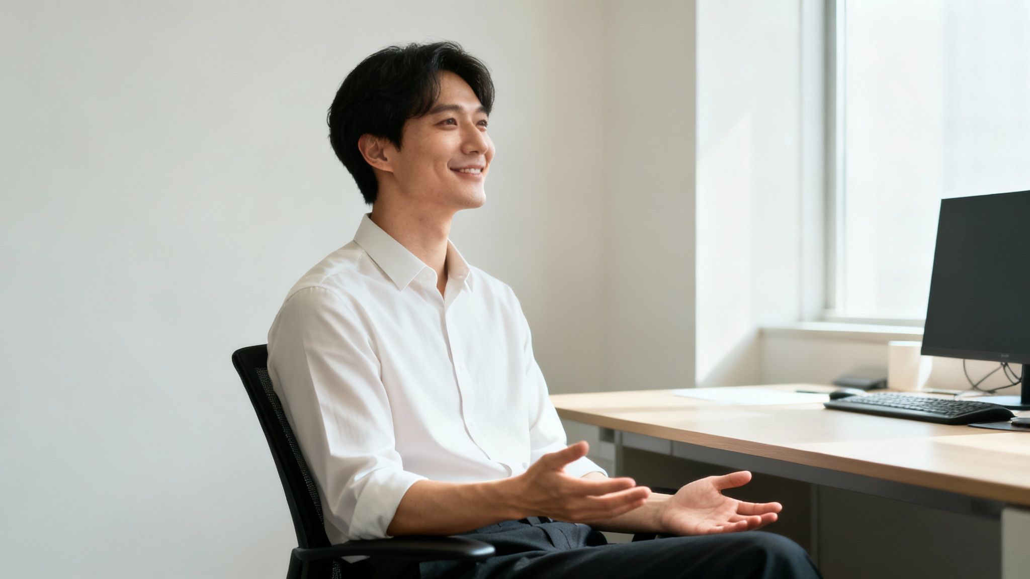 A smiling young Asian man in a white shirt sits calmly at an office desk.