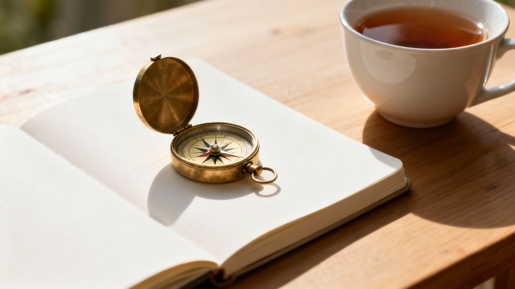 An open notebook, antique brass compass, and tea cup on a sunlit wooden table.