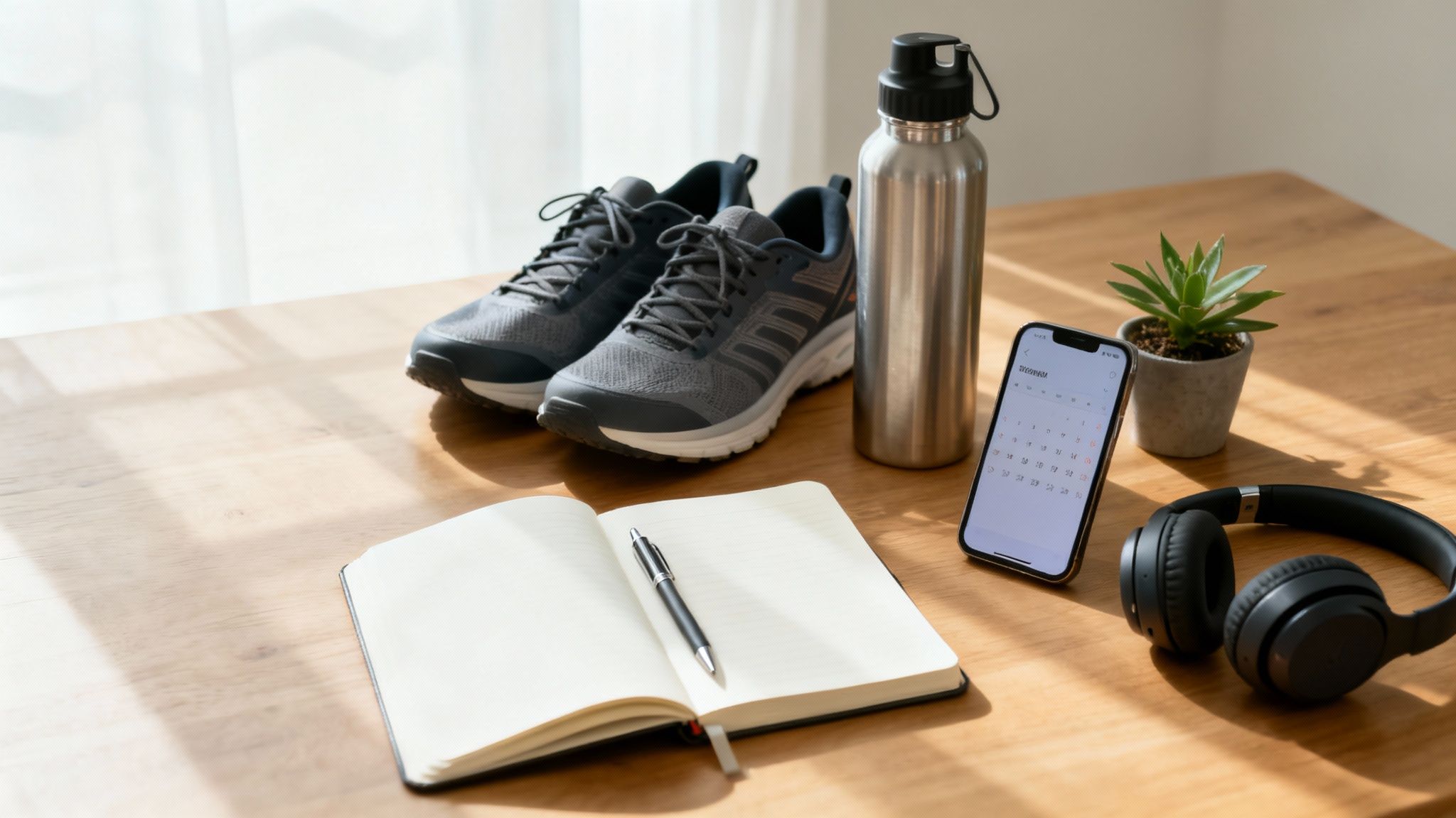 Fitness essentials: running shoes, water bottle, phone, notebook, and headphones on a wooden table, ready for a workout.