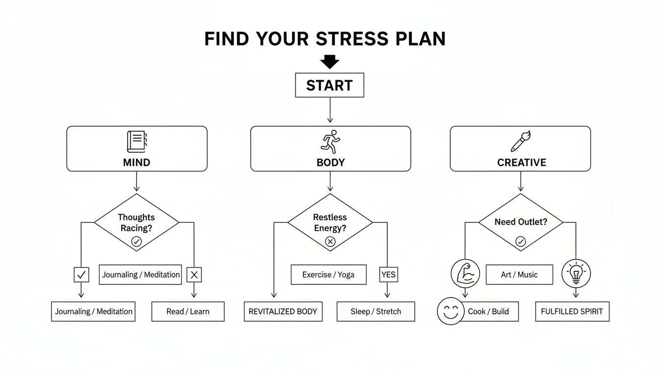 Flowchart showing a stress management plan with options for mind, body, and creative outlets.