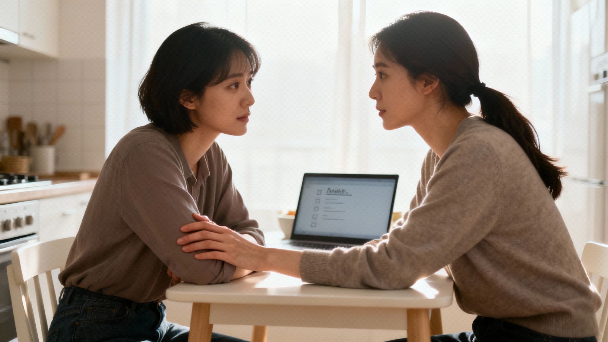 Two people walking together in a park, representing connection and support.