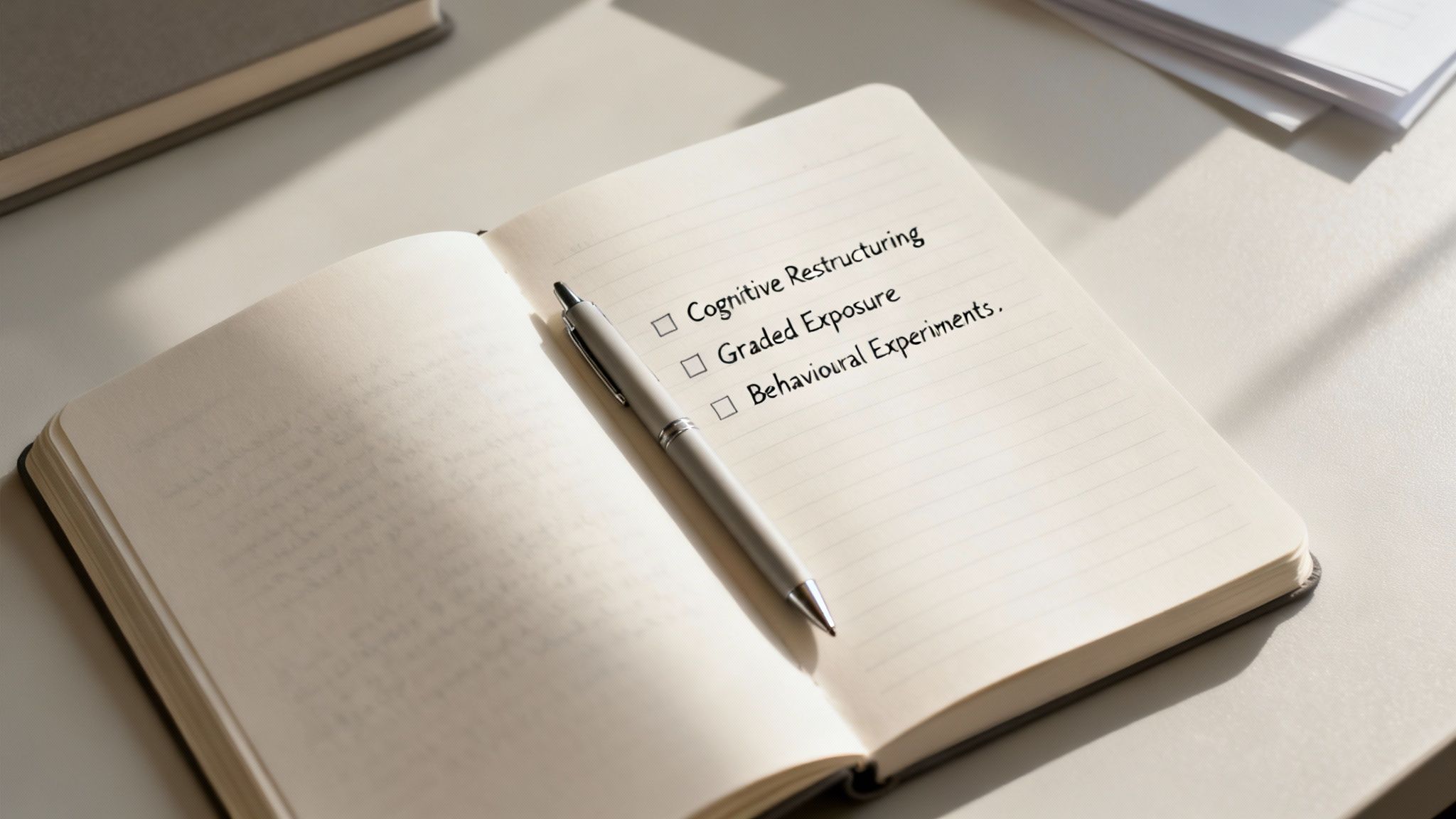 A notebook open on a desk with a pen, showing a handwritten checklist of CBT techniques.