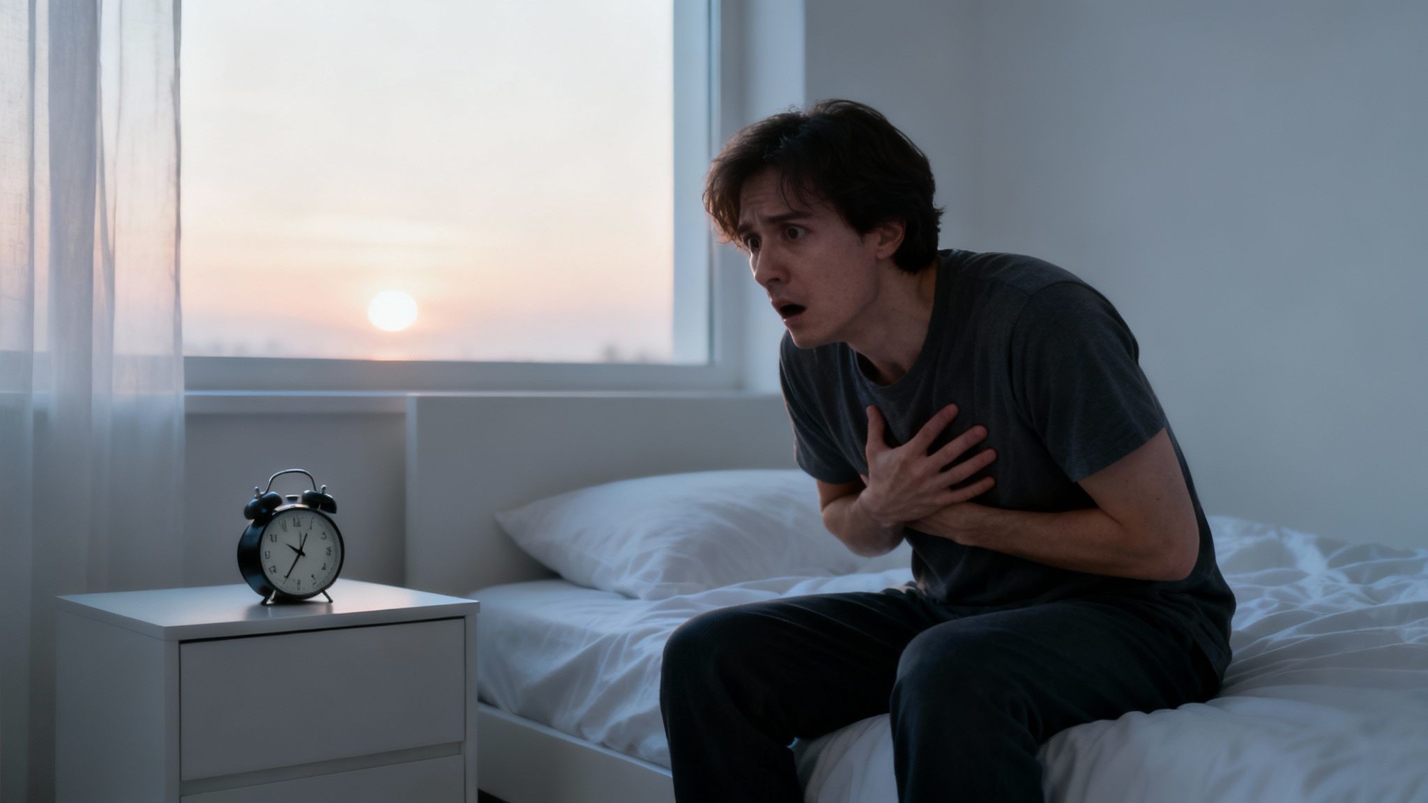 Distressed man wakes up with morning anxiety, holding his chest near an alarm clock.
