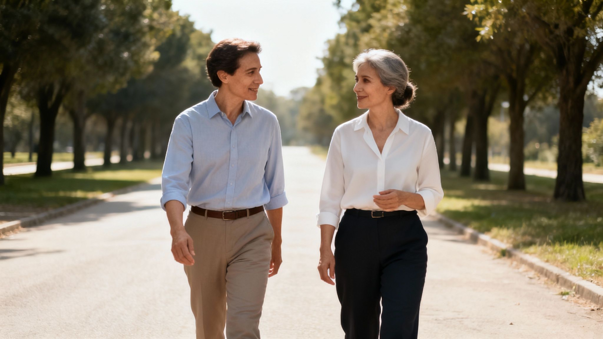 Two smiling, mature individuals walk together on a tree-lined path, enjoying a sunny day outdoors.