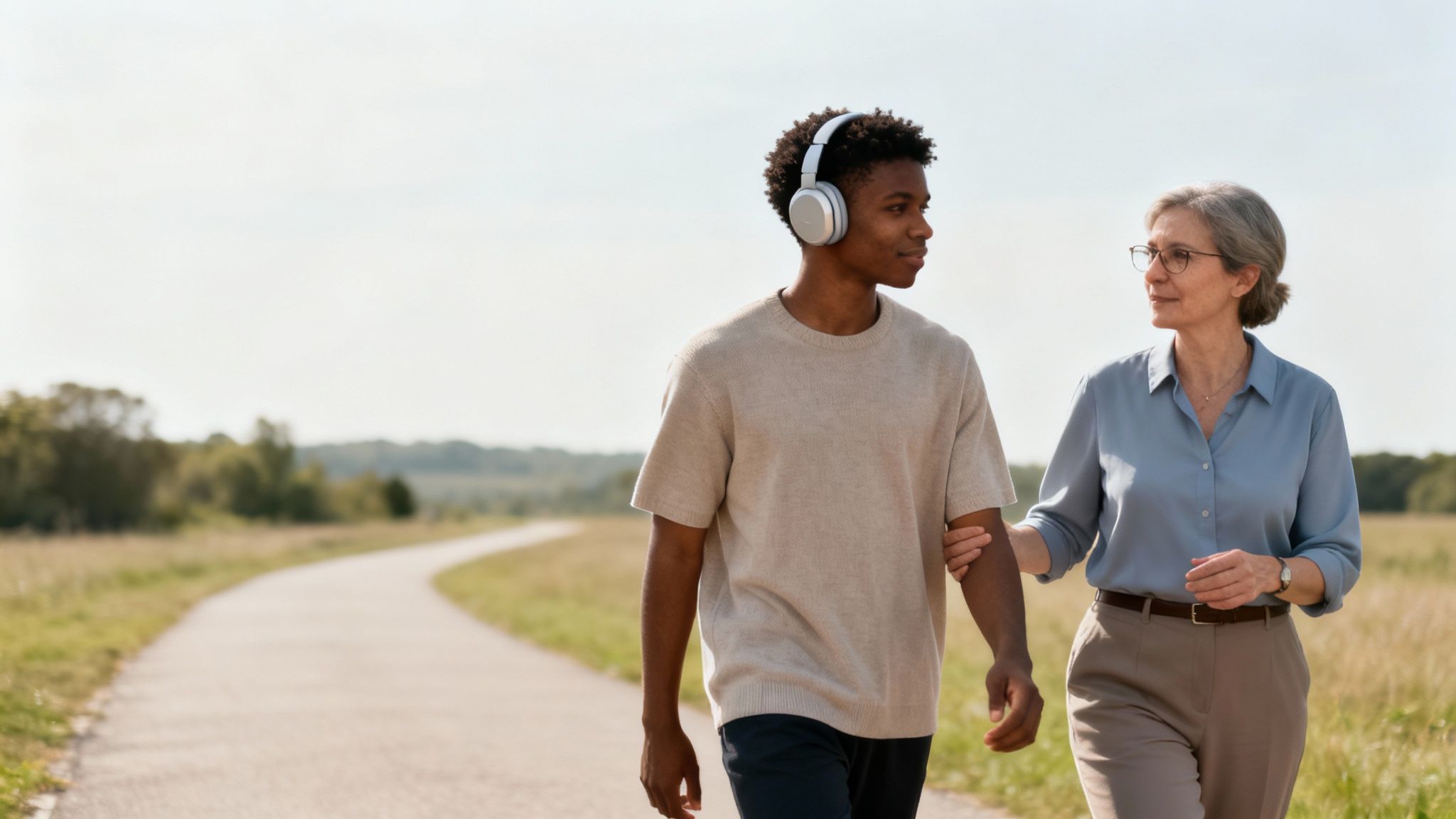 A young Black man with headphones and an older white woman walk arm-in-arm on a sunny outdoor path.
